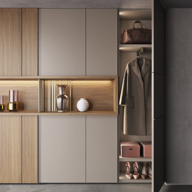 Custom entryway storage cabinet with integrated lighting, shelves, and hanging space – space saving furniture by Resource Furniture.