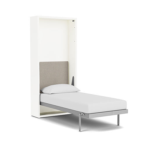 Twin size white wall bed with beige headboard on a white background