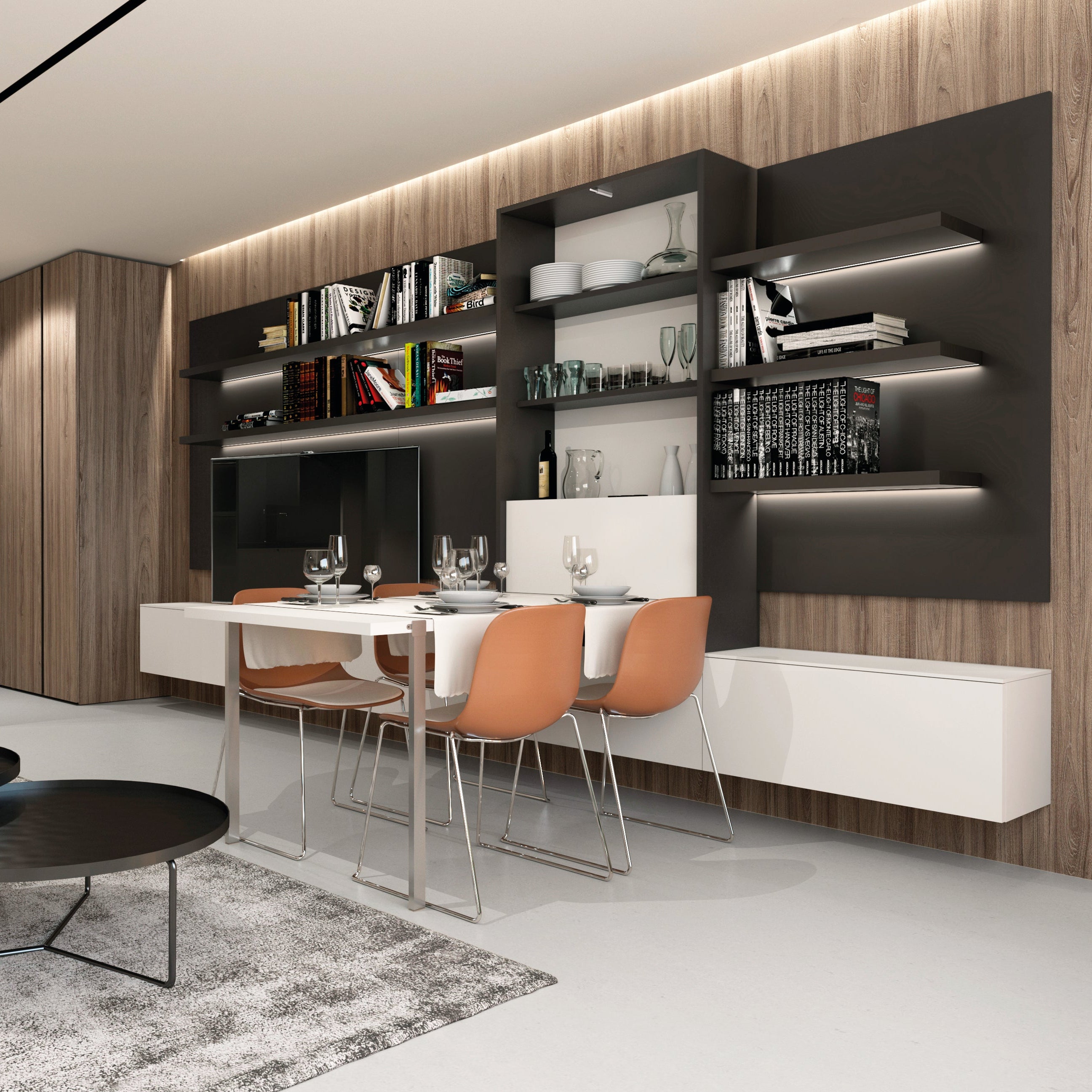 Wally Maxi table extended, showcasing its innovative design with a compact dining setup and integrated storage in a contemporary living space.