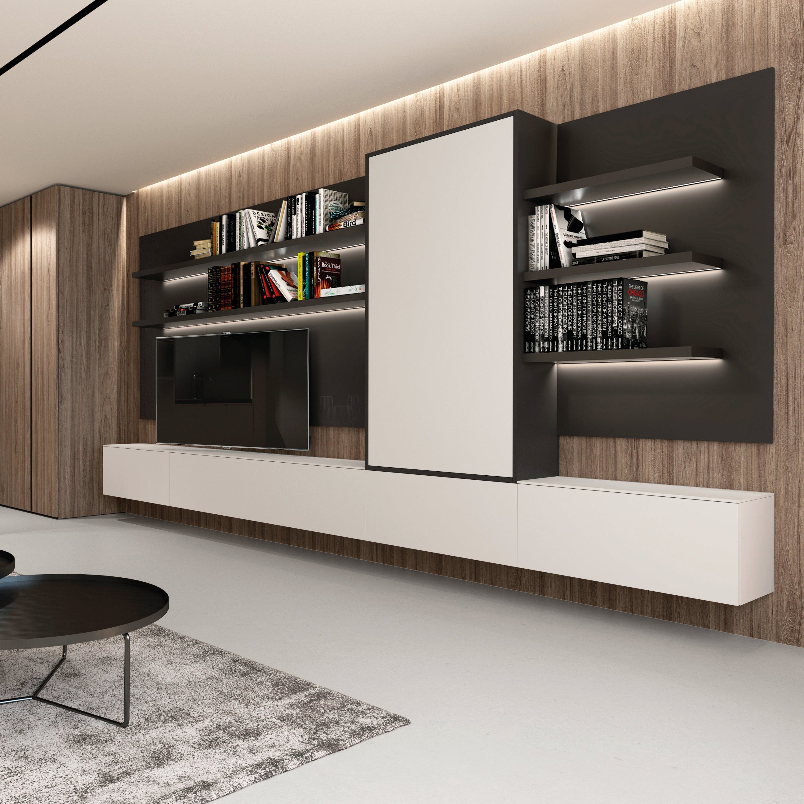 Wally Maxi wall-mounted table in its upright position with sleek white cabinets and integrated shelving, perfect for space-saving design in a modern dining or workstation setting.