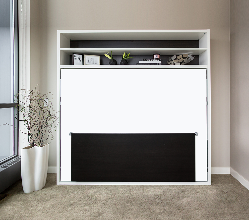 Adam Tavolo horizontal Queen Murphy bed with the desk folded down, highlighting the multifunctional design and space saving functionality in a modern interior.