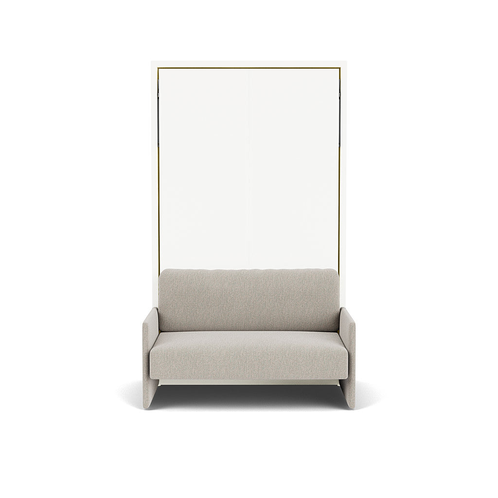 Altea Sofa Murphy Bed in closed position with gray fabric sofa and clean white wall bed, multifunctional furniture for small spaces.