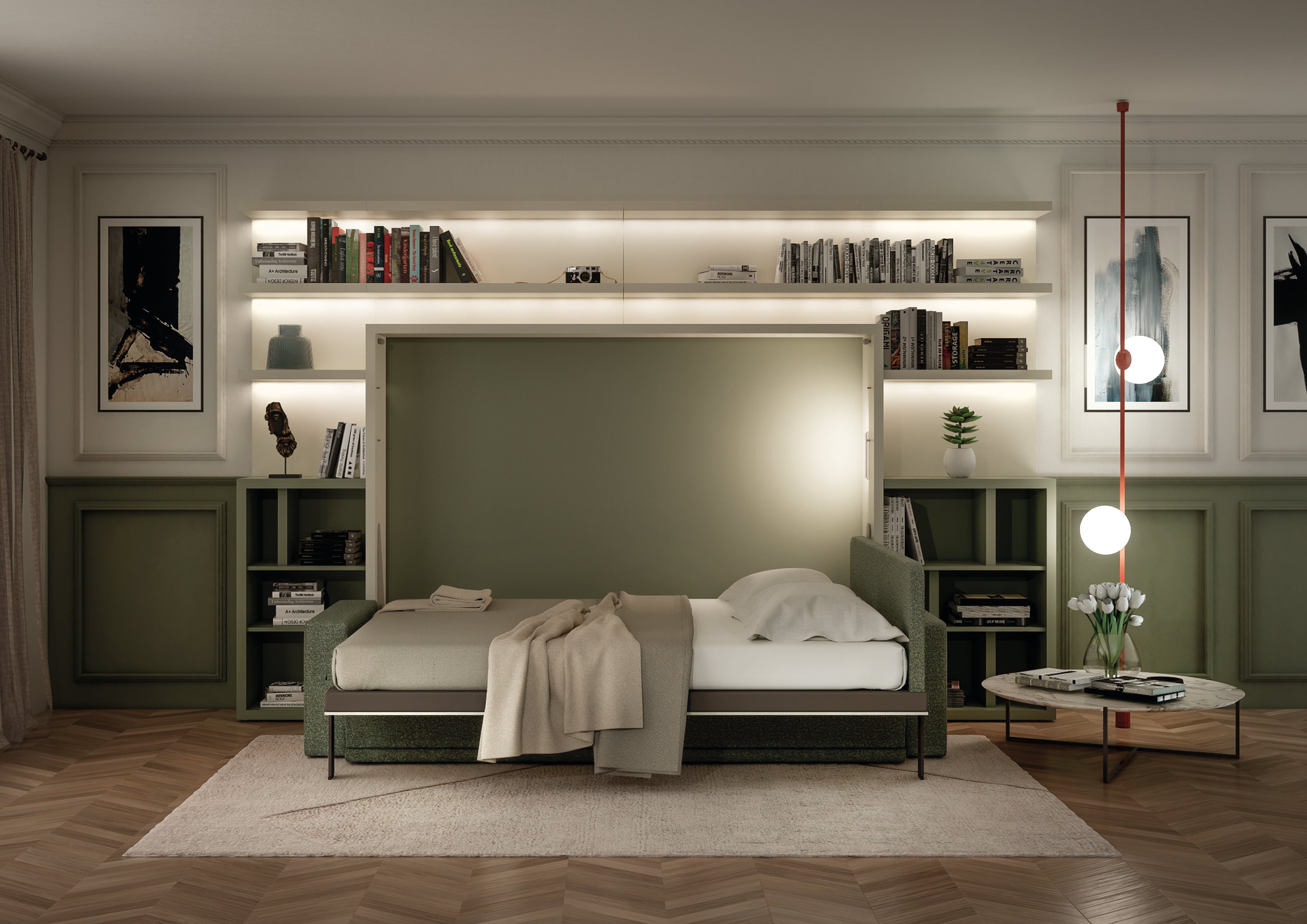Atena Horizontal Sofa Wall Bed fully open at night, revealing the bed in a modern guest-ready living space.