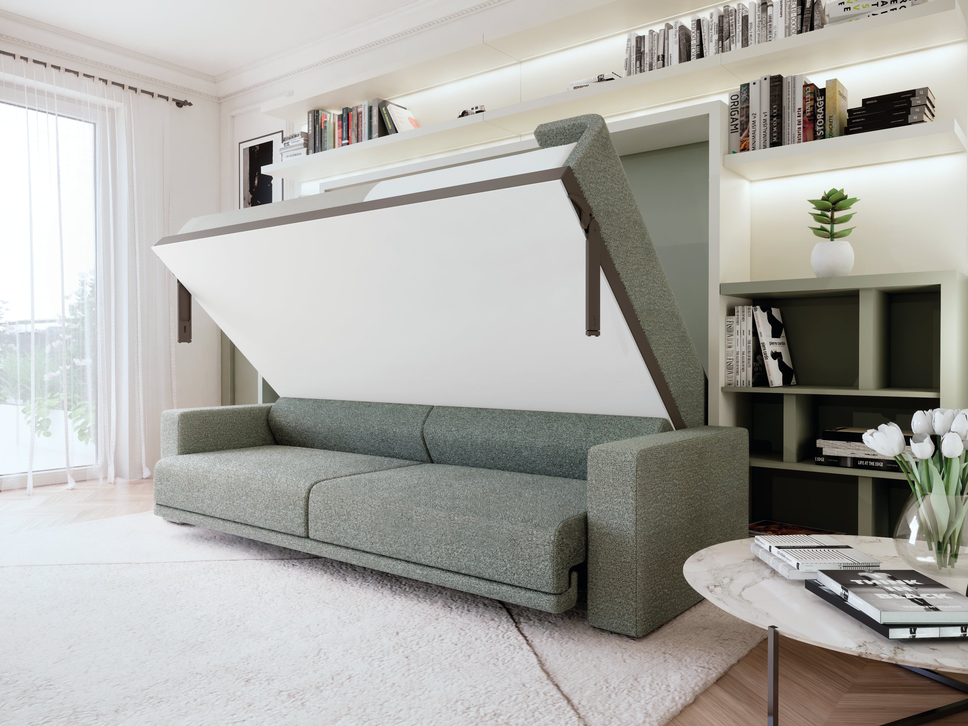 Atena Horizontal Sofa Wall Bed opening from sofa to bed in a multifunctional living room.