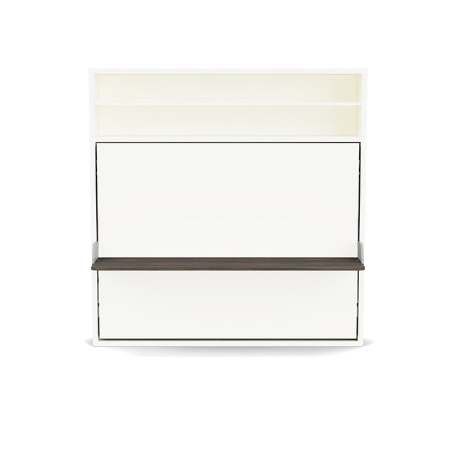 Circe Desk horizontal Murphy bed with desk in closed position, featuring white finish and built-in shelving for multifunctional furniture in tight spaces.