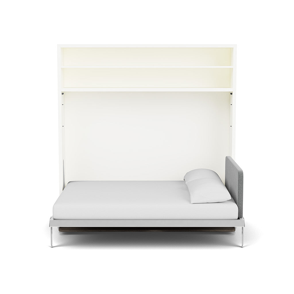 Circe Desk horizontal Murphy bed shown open with integrated shelving, a multifunctional queen wall bed ideal for small space furniture needs.