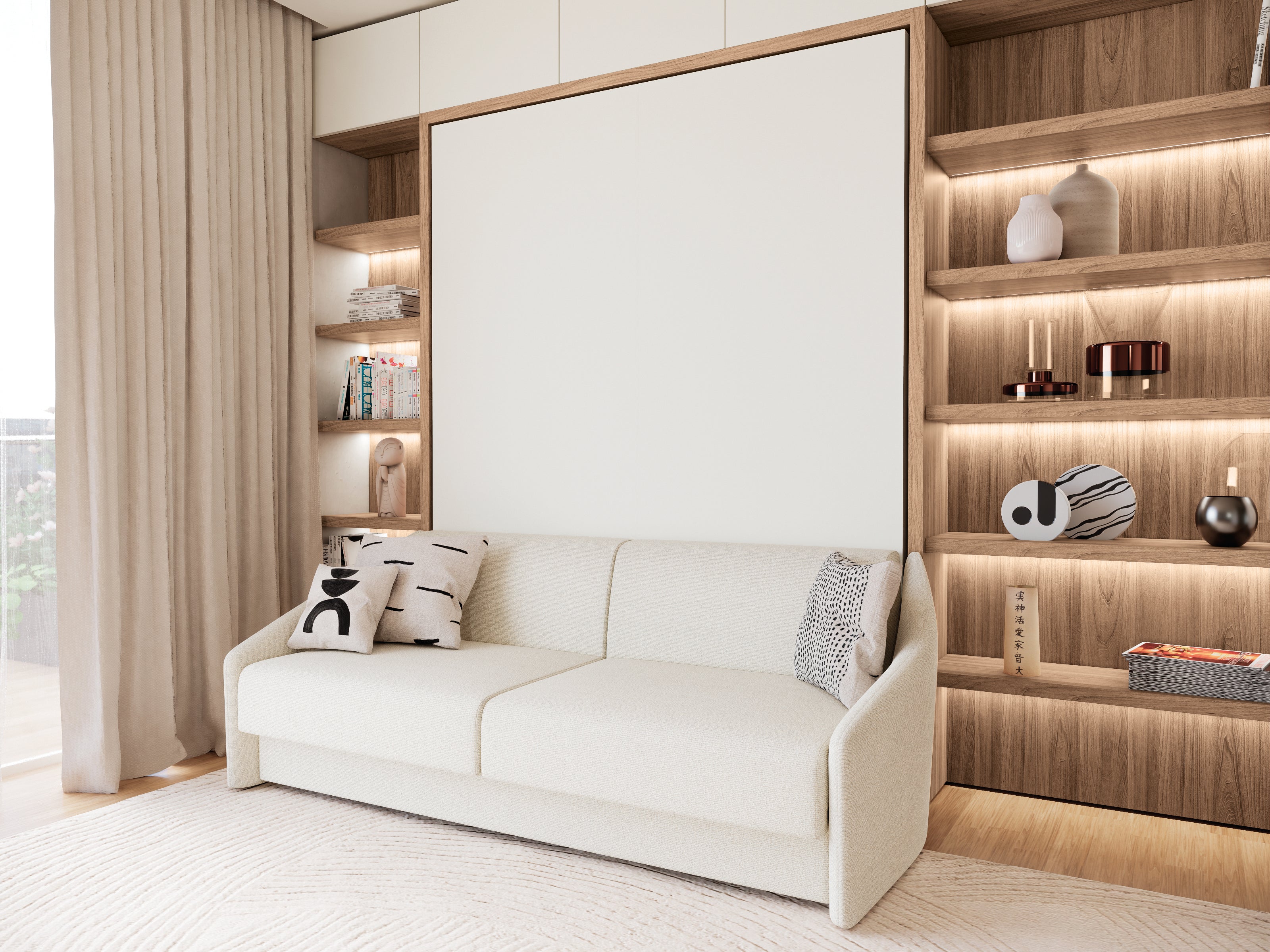 Diana Sofa Wall Bed closed as a modern sofa with gently angled arms and integrated wood shelving.