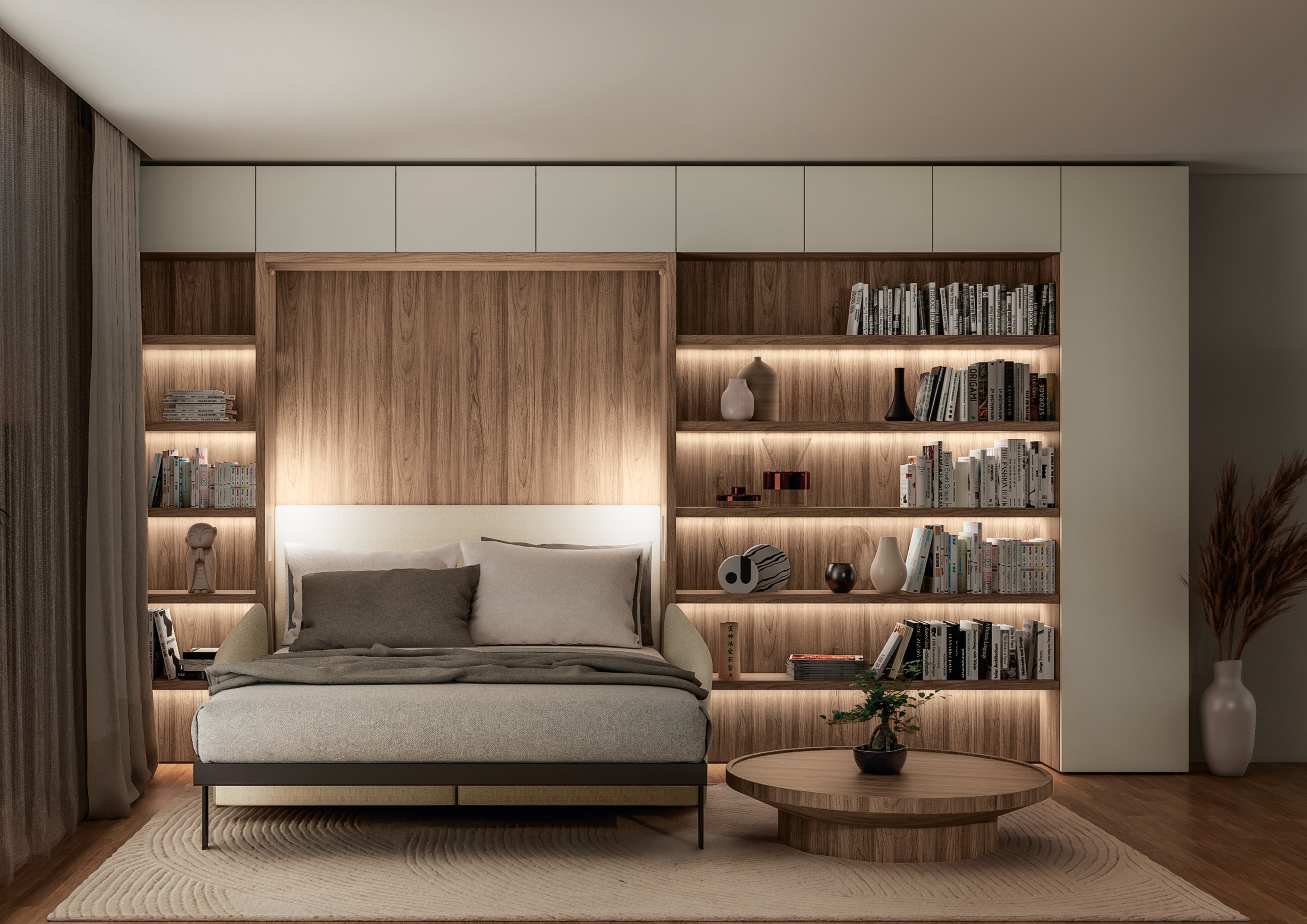 Diana Sofa Wall Bed fully open at night, revealing the bed in a warm, guest-ready living space with integrated shelving.