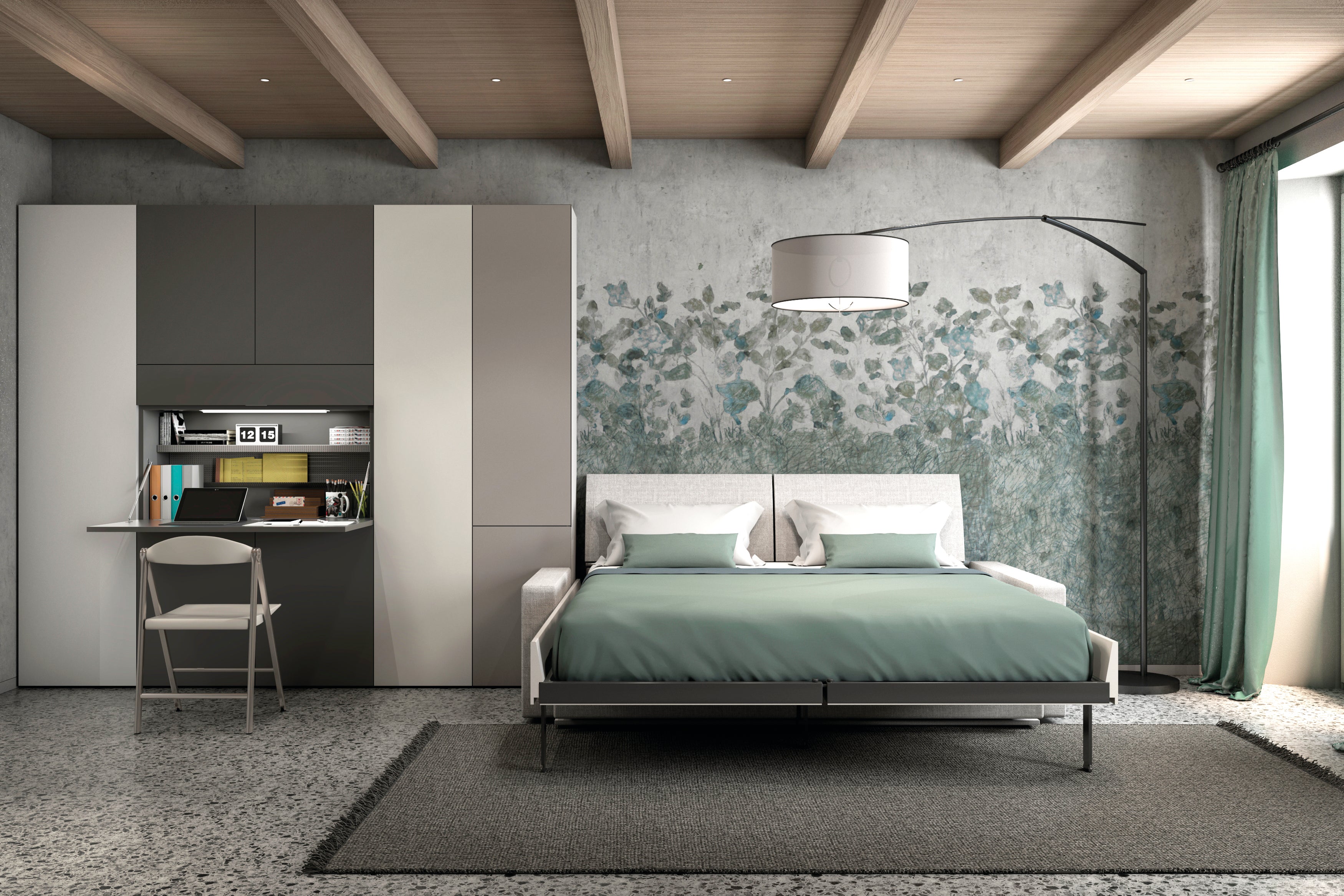 Ella & Louis Murphy bed with sofa and desk fully open in a modern multifunctional living room.