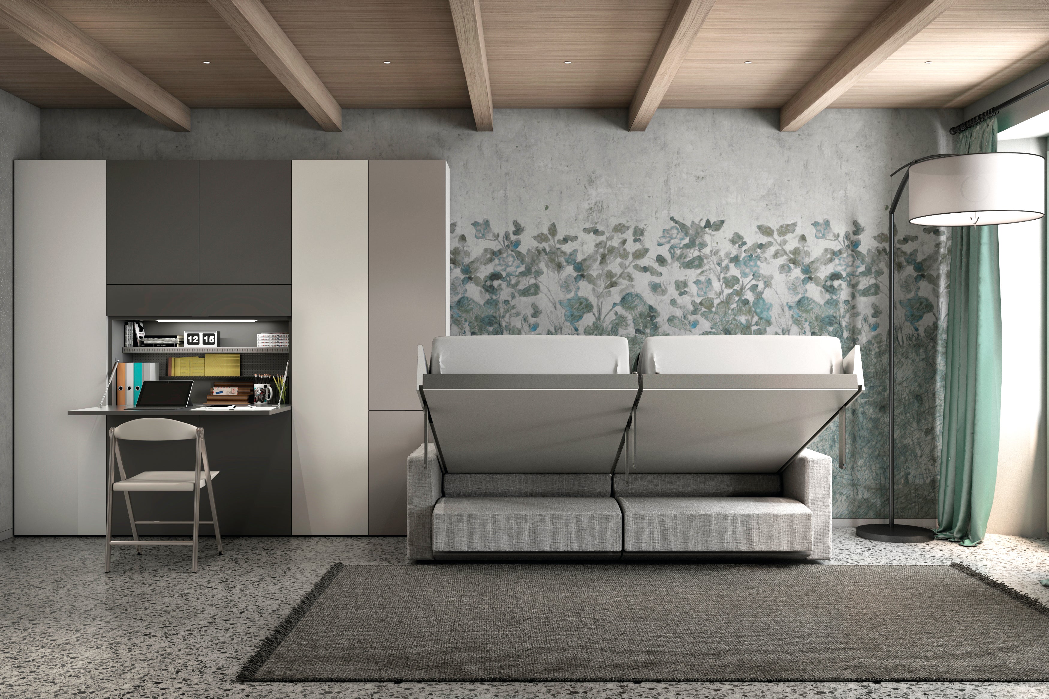 Ella & Louis Murphy bed with sofa and desk shown in a semi-open position in a modern small-space living room.