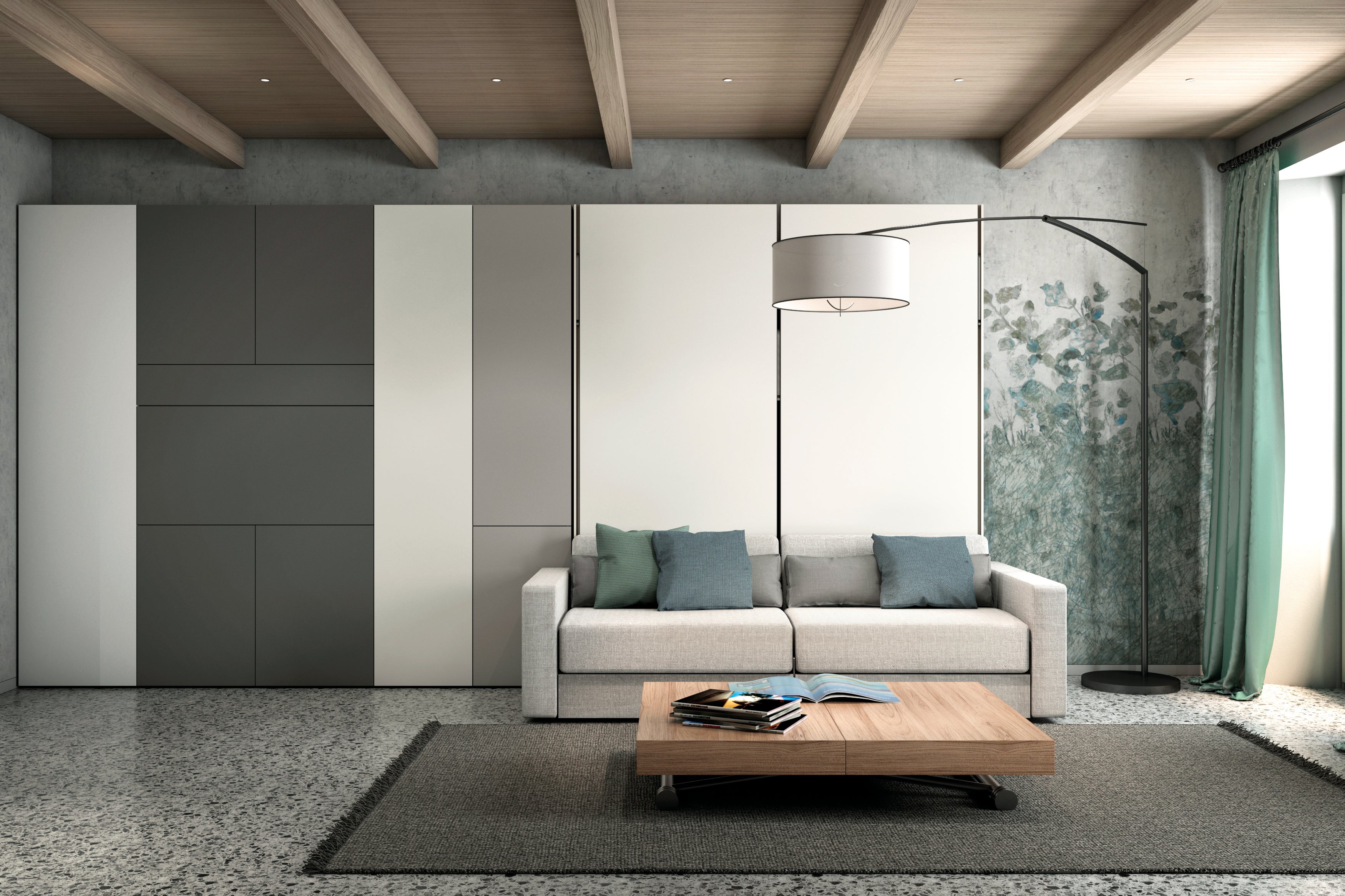 Ella & Louis Murphy bed with sofa shown closed in a modern living room with integrated wall panels and storage.
