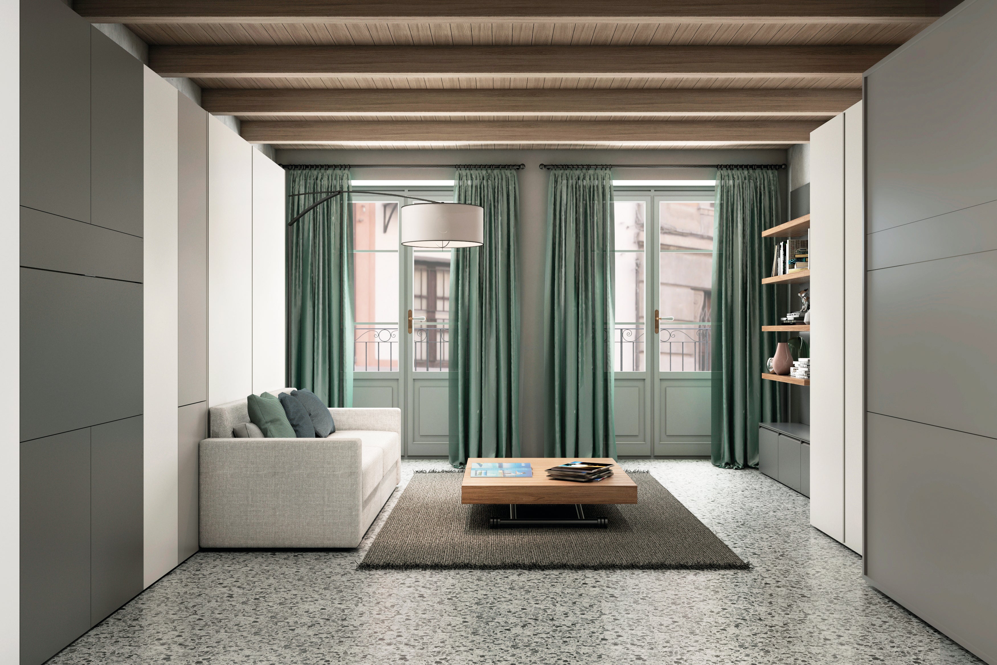 Side view of the Ella & Louis space-saving Murphy bed with sofa in closed position in a modern apartment living room.