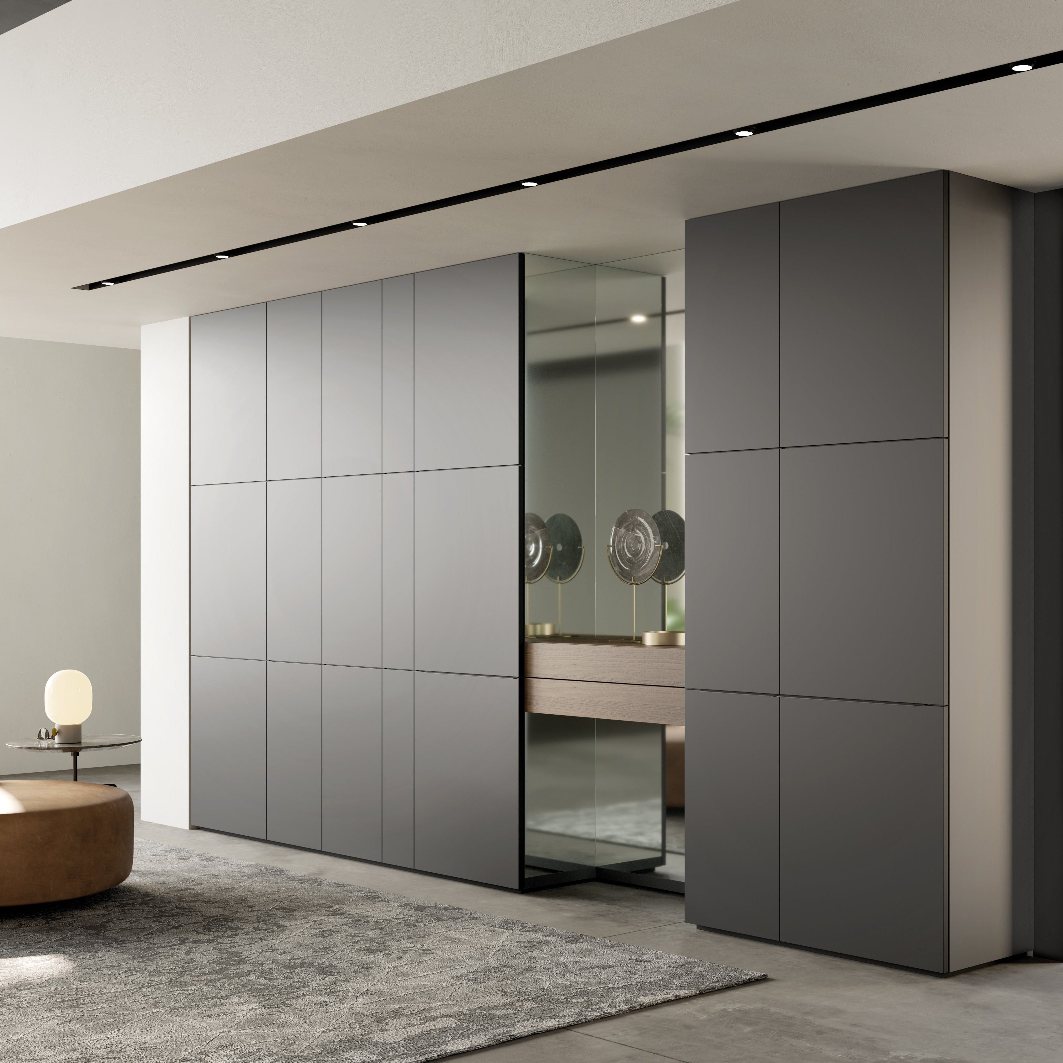 Full view of custom entryway cabinet with mirrored storage and sleek closed panels – space saving furniture by Resource Furniture.