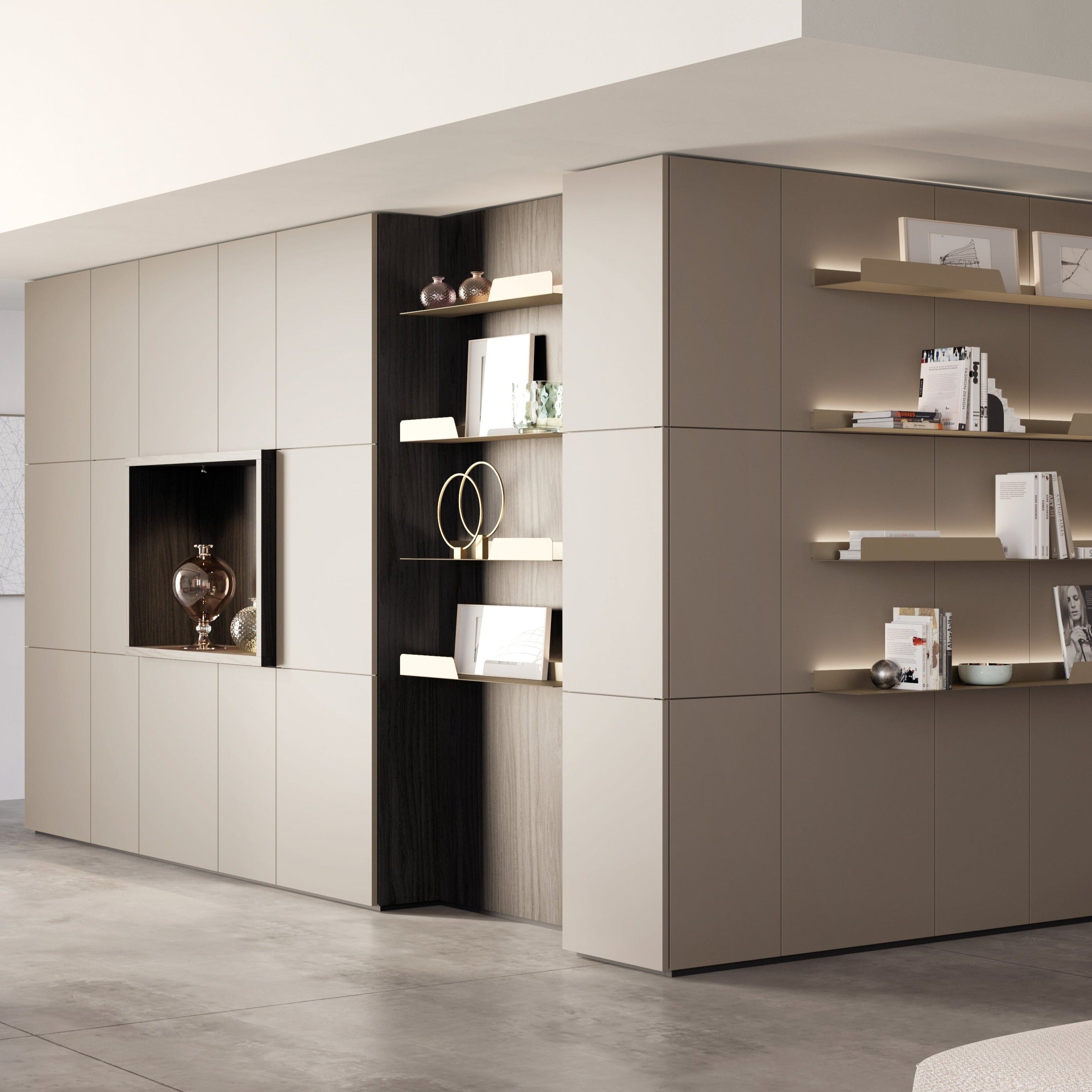 Custom entryway cabinet with open shelving display, integrated lighting, and decorative accents – space saving furniture by Resource Furniture.