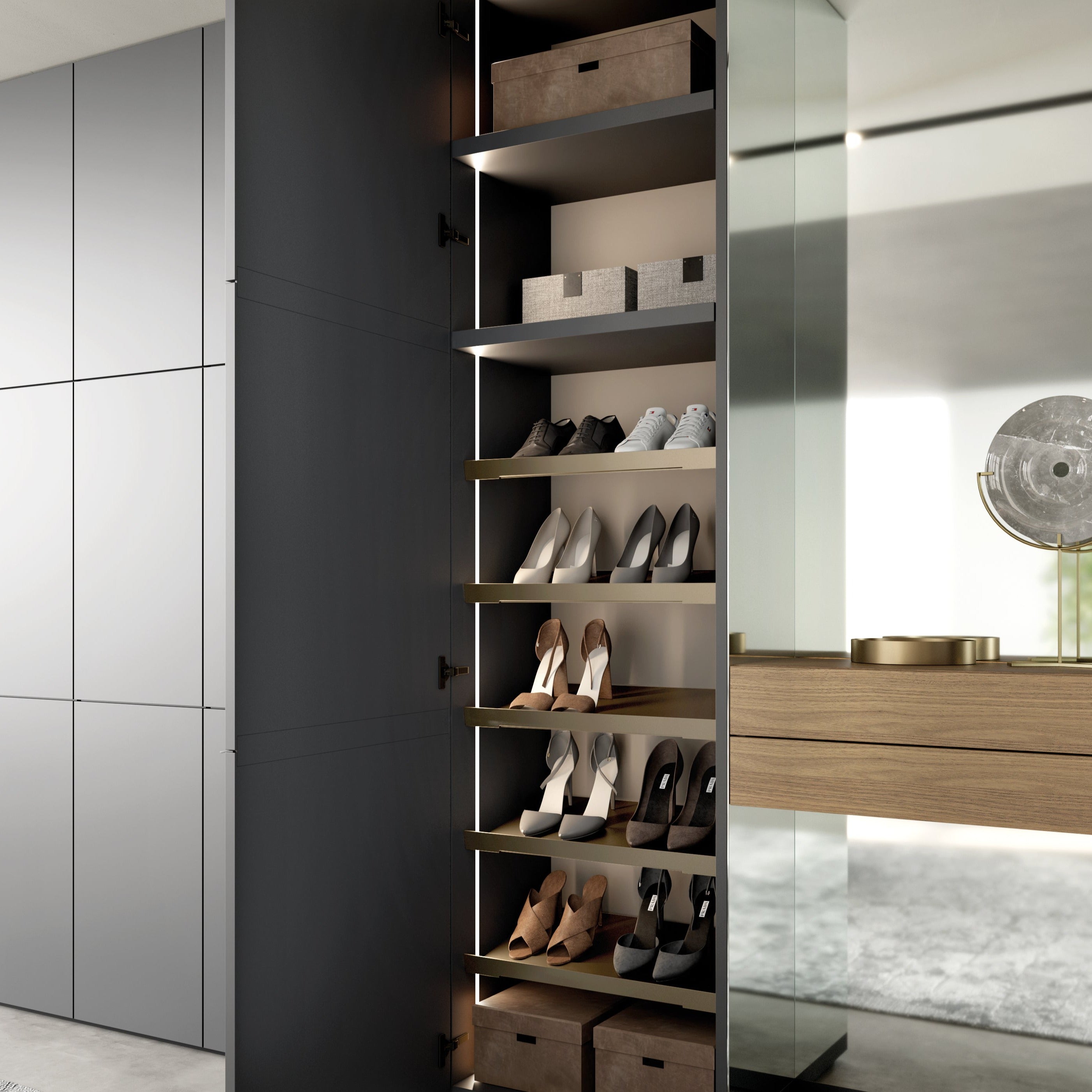 Open custom entryway cabinet with shoe storage shelves and integrated lighting – space saving furniture by Resource Furniture.