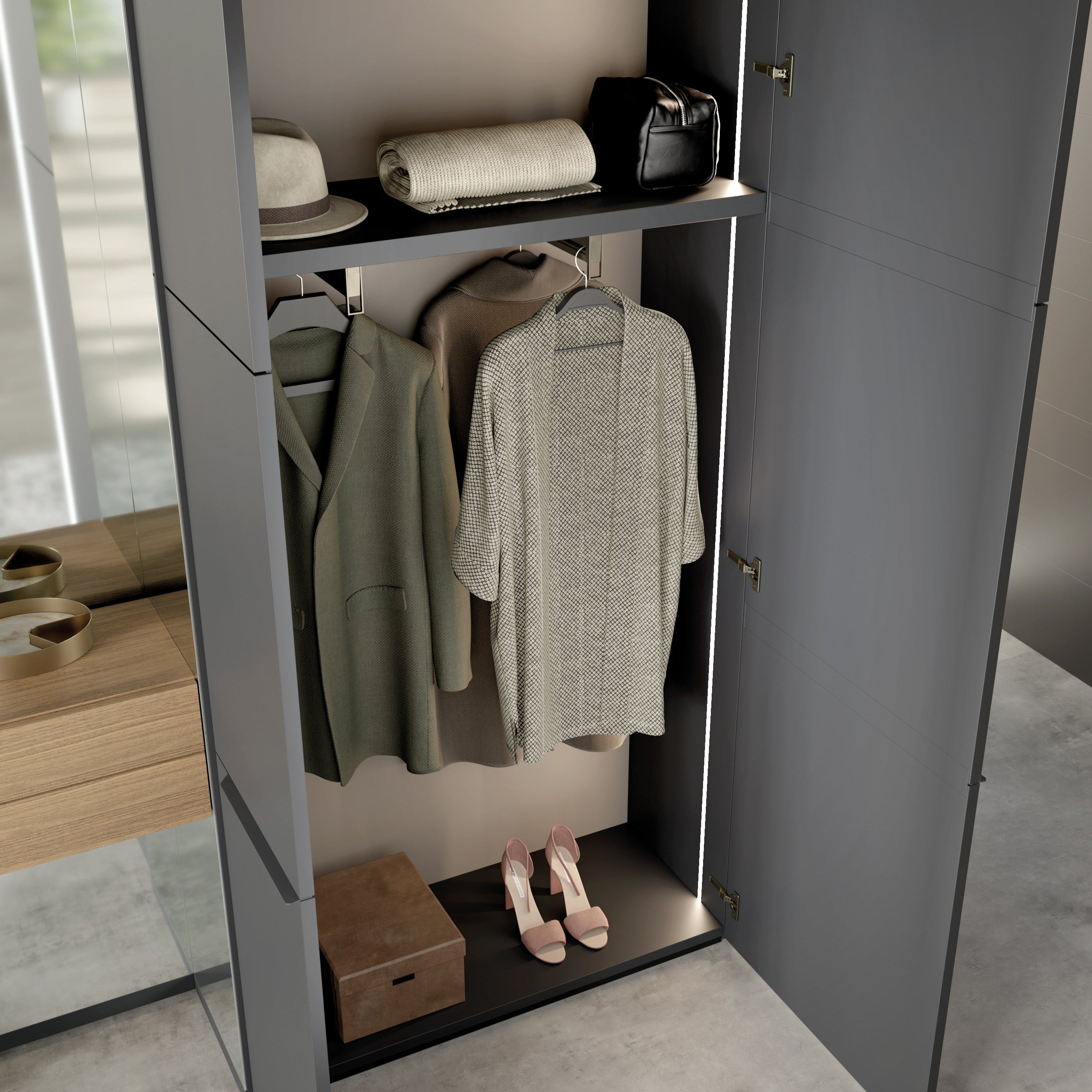 Open custom entryway cabinet with wardrobe hanging storage, shelves, and integrated lighting – space saving furniture by Resource Furniture.
