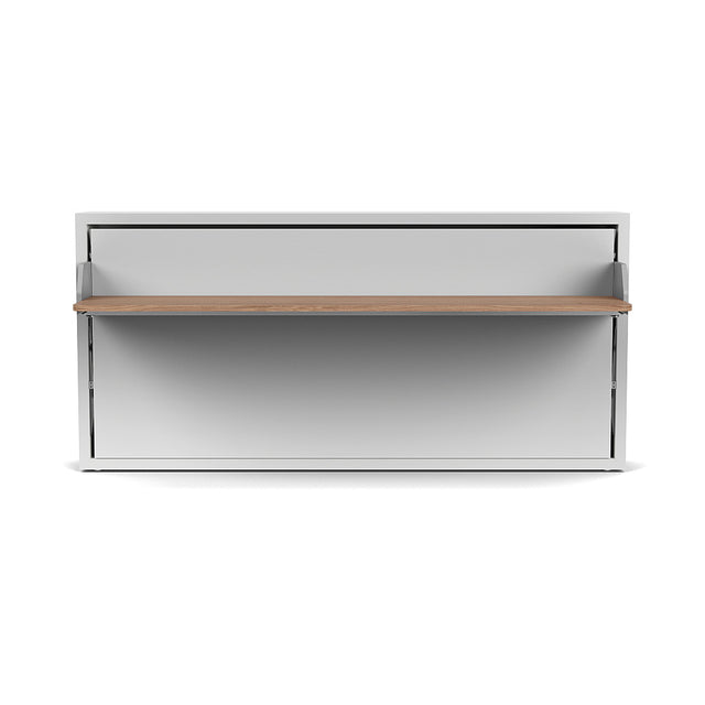 Kali Desk Murphy bed in closed position with desk extended, a sleek space saving furniture solution for multifunctional rooms.