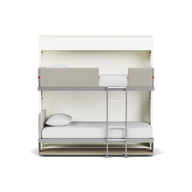 Front view of the Kali Duo Desk Murphy bunk beds with light gray upholstery, shown against a white background — space saving furniture for modern interiors.