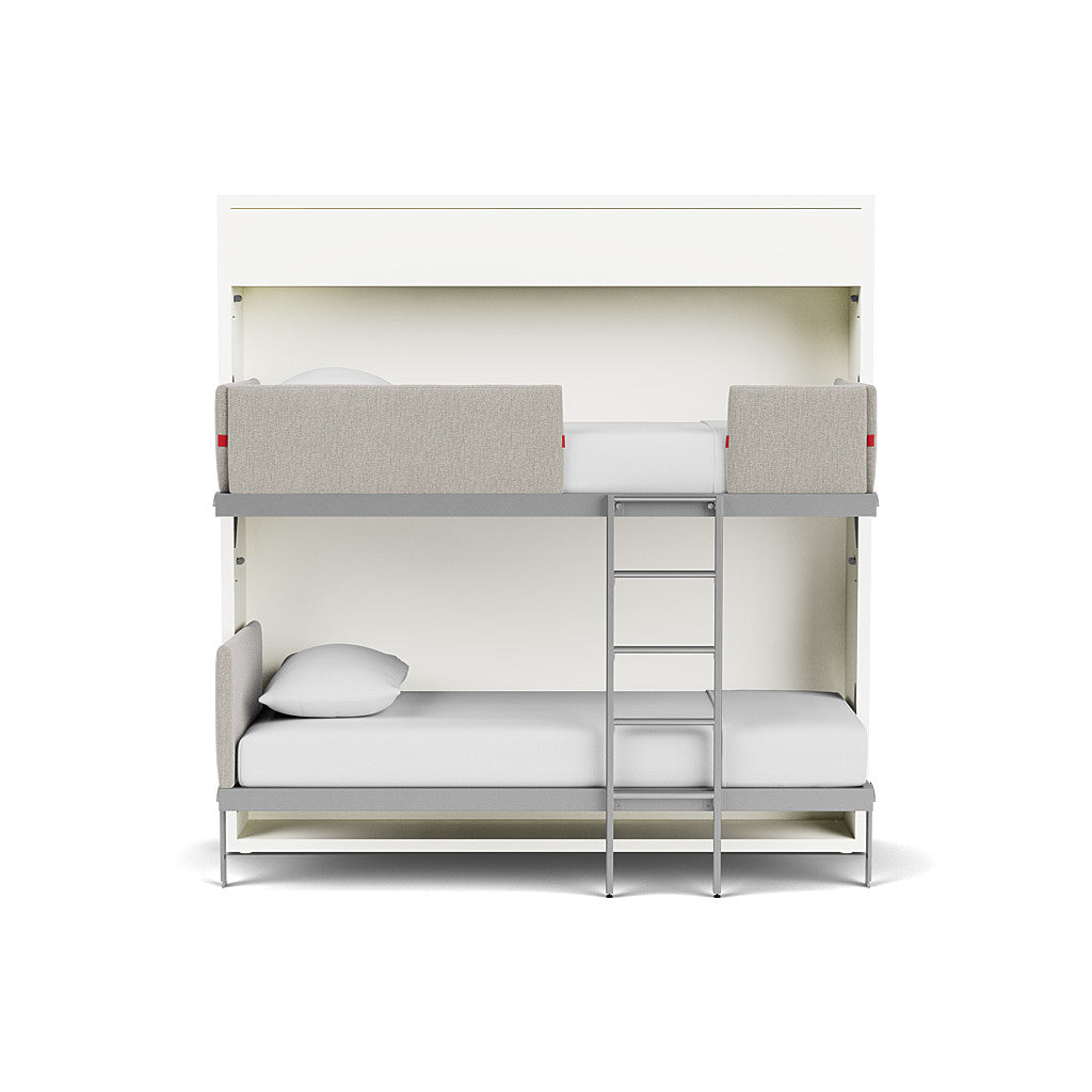 Front view of Kali Duo Murphy bunk beds with two twin XL mattresses and ladder, modern space saving furniture for small spaces.