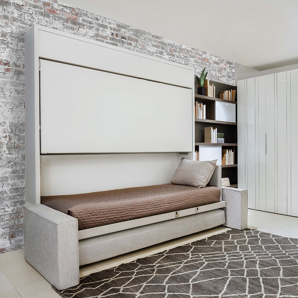Kali Duo transforming Murphy bunk bed with the lower bed open, featuring an integrated sofa for multifunctional use.