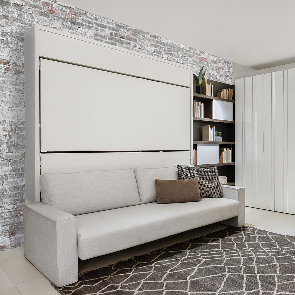 Kali Duo Sofa Murphy Bunk Beds in closed position with modern gray sofa, space saving furniture for multifunctional living rooms.