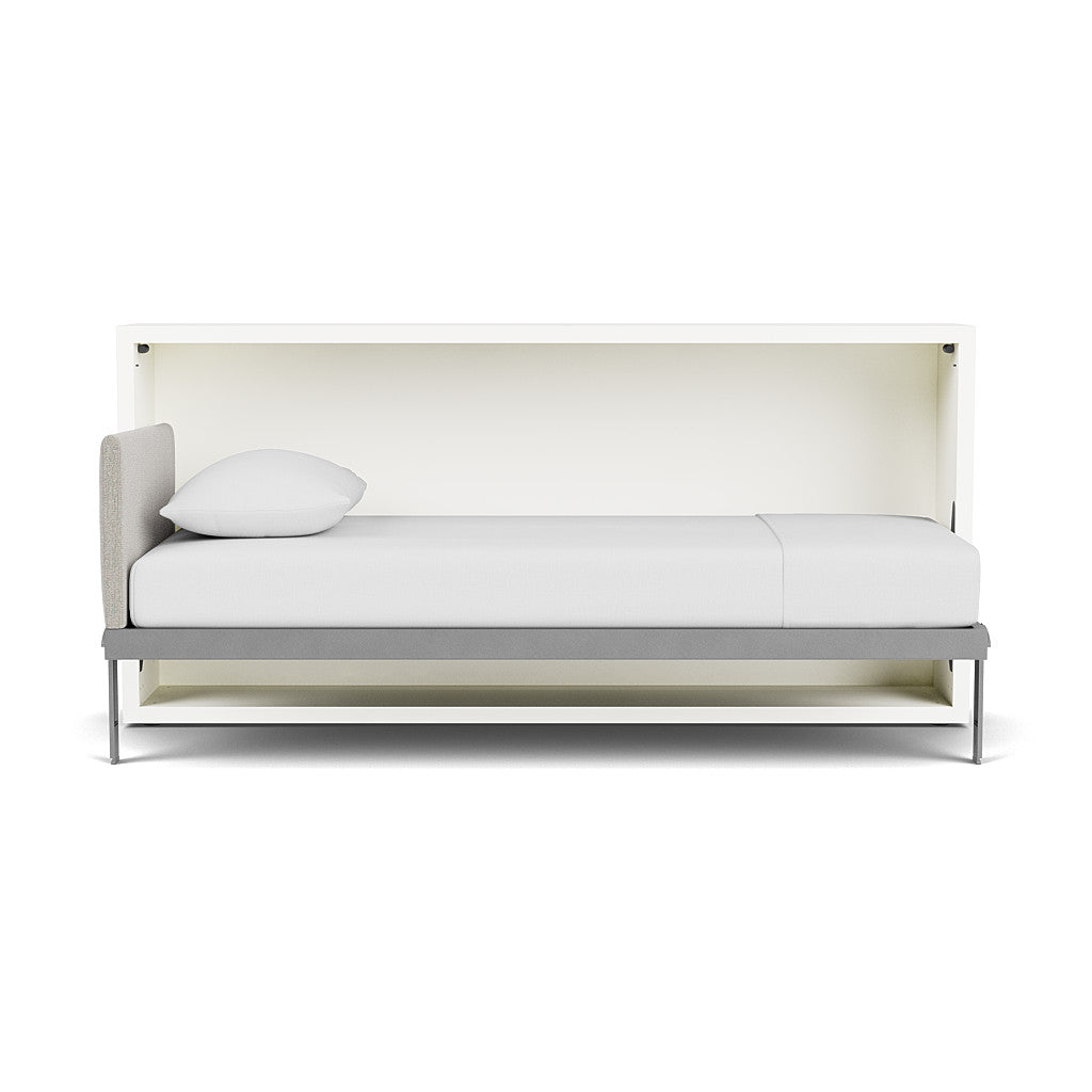 Open Kali horizontal twin wall bed with a white frame and minimalist headboard, showcasing its space-saving design and modern style.