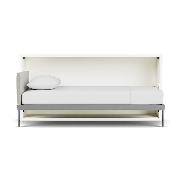 Open Kali horizontal twin wall bed with a white frame and minimalist headboard, showcasing its space-saving design and modern style.