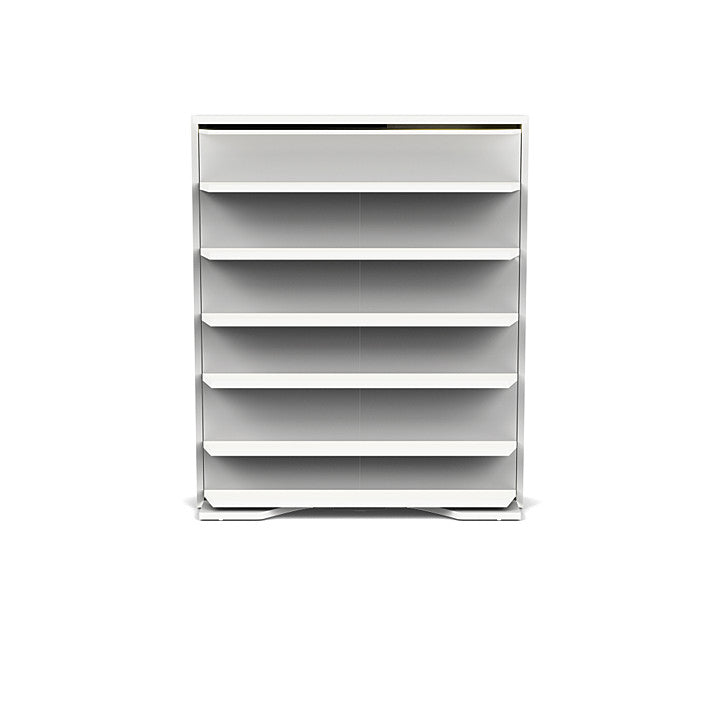 LGM rotating Murphy bed shown in bookshelf configuration with seven horizontal white shelves.