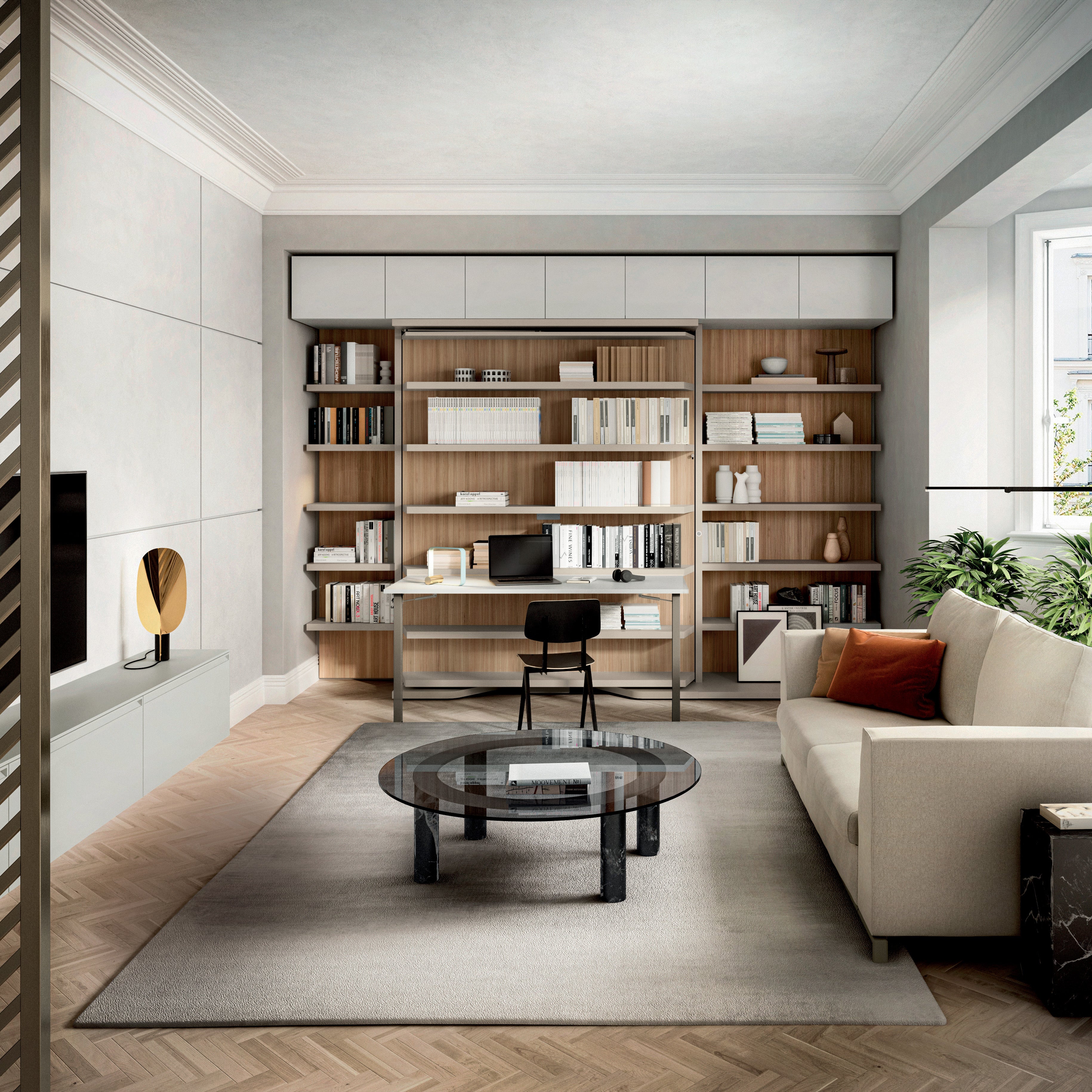 Modern home office with the LGM rotating wall bed system, featuring an integrated desk and full-height bookshelf—ideal for multifunctional work and sleep spaces in compact interiors.