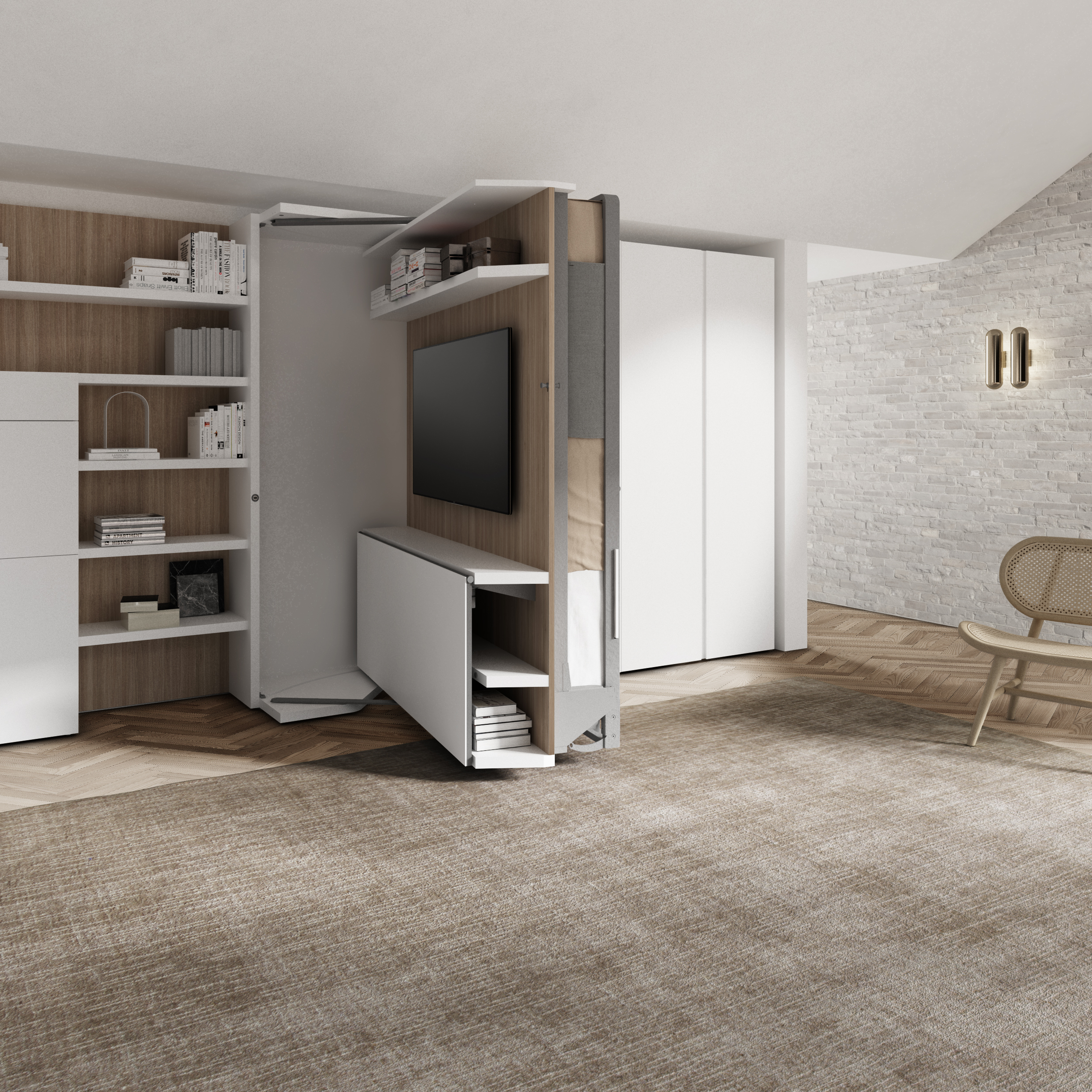 LGM rotating wall bed system mid-rotation, revealing hidden desk and media unit behind integrated shelving—demonstrating luxury multifunctional furniture for flexible living.
