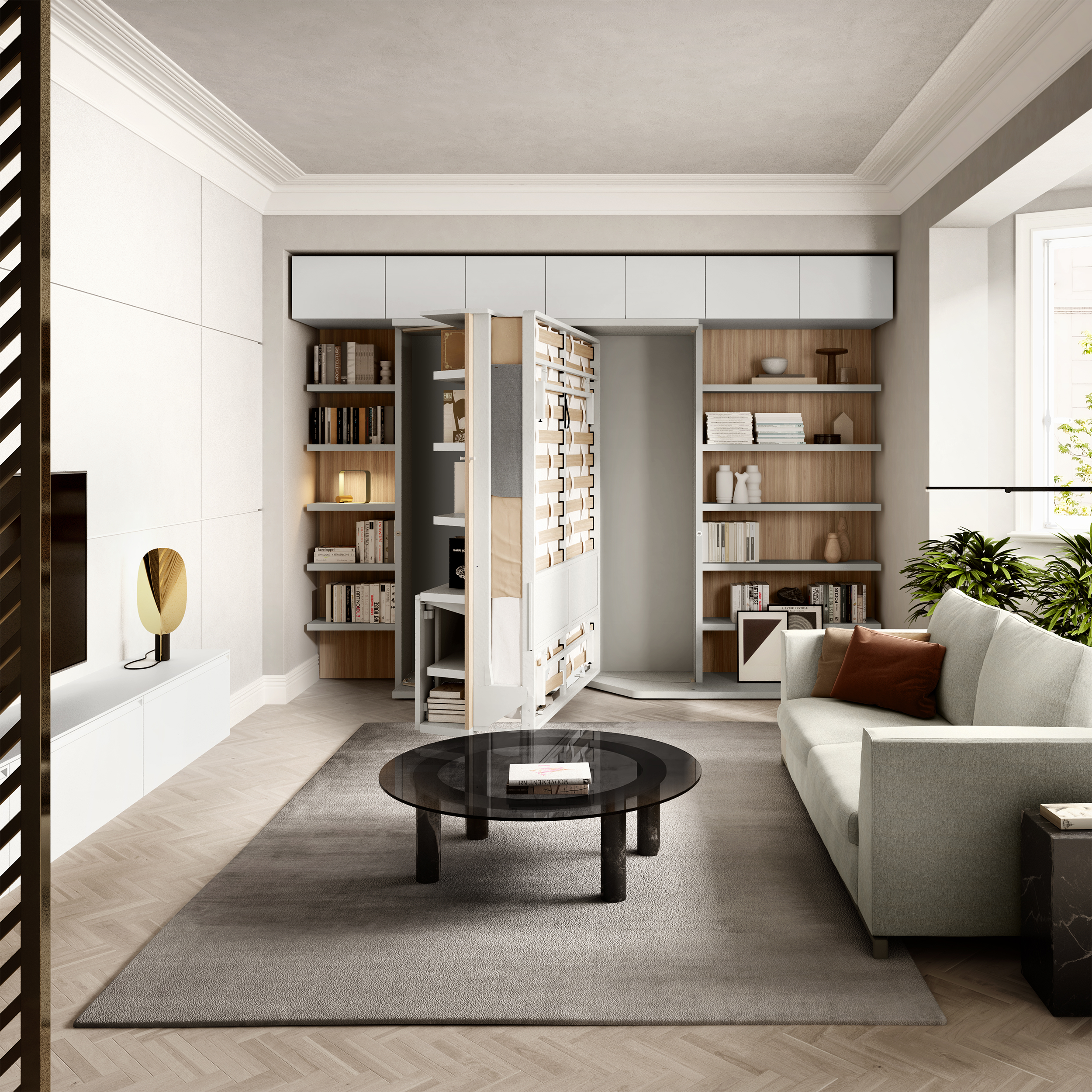 LGM rotating wall bed in mid-transformation, pivoting from bookshelf to sleeping position—showcasing innovative multifunctional design for modern small-space living.