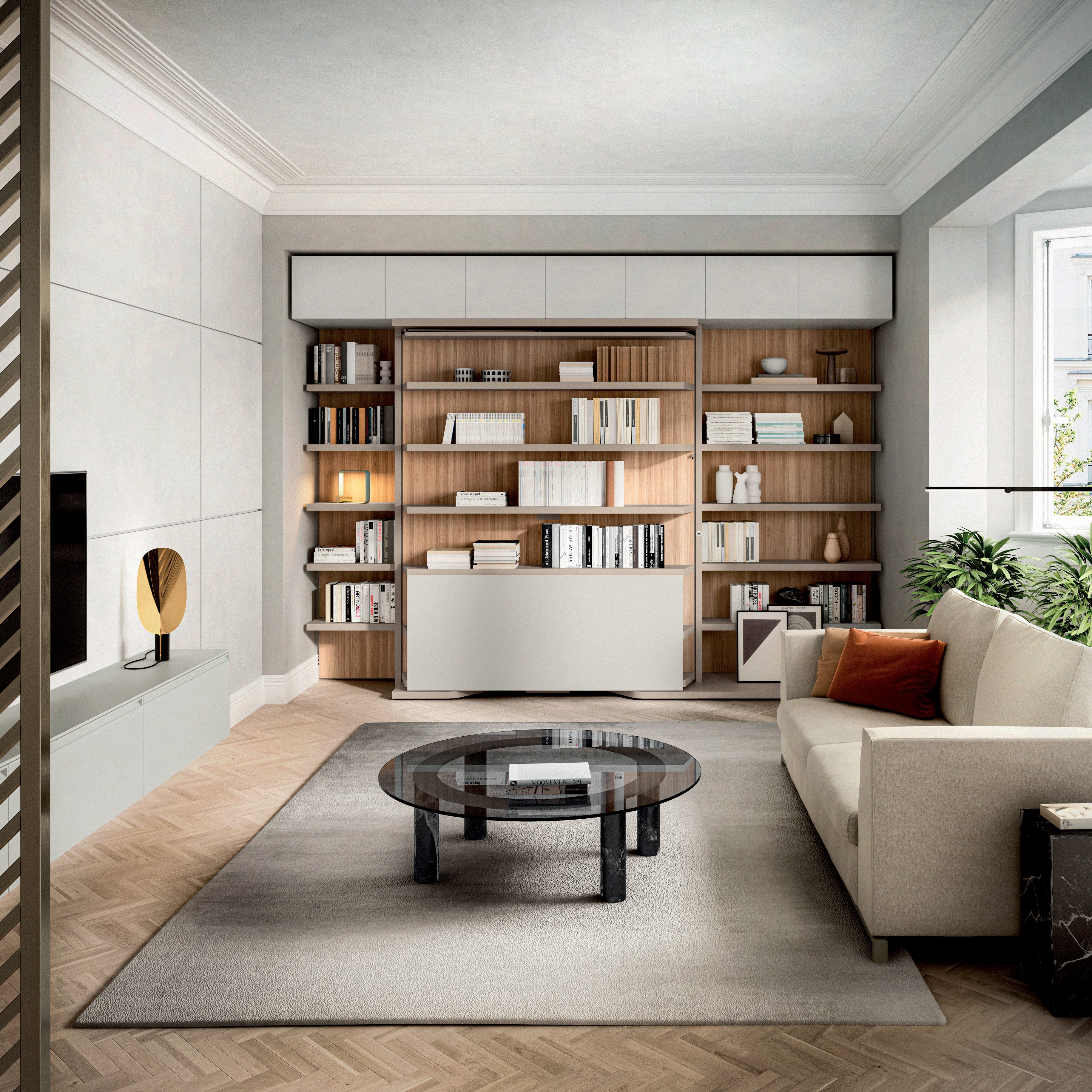 Closed LGM wall bed system in bookshelf configuration, seamlessly integrated into a luxury living room—ideal for elegant small-space solutions and concealed multifunctional furniture.