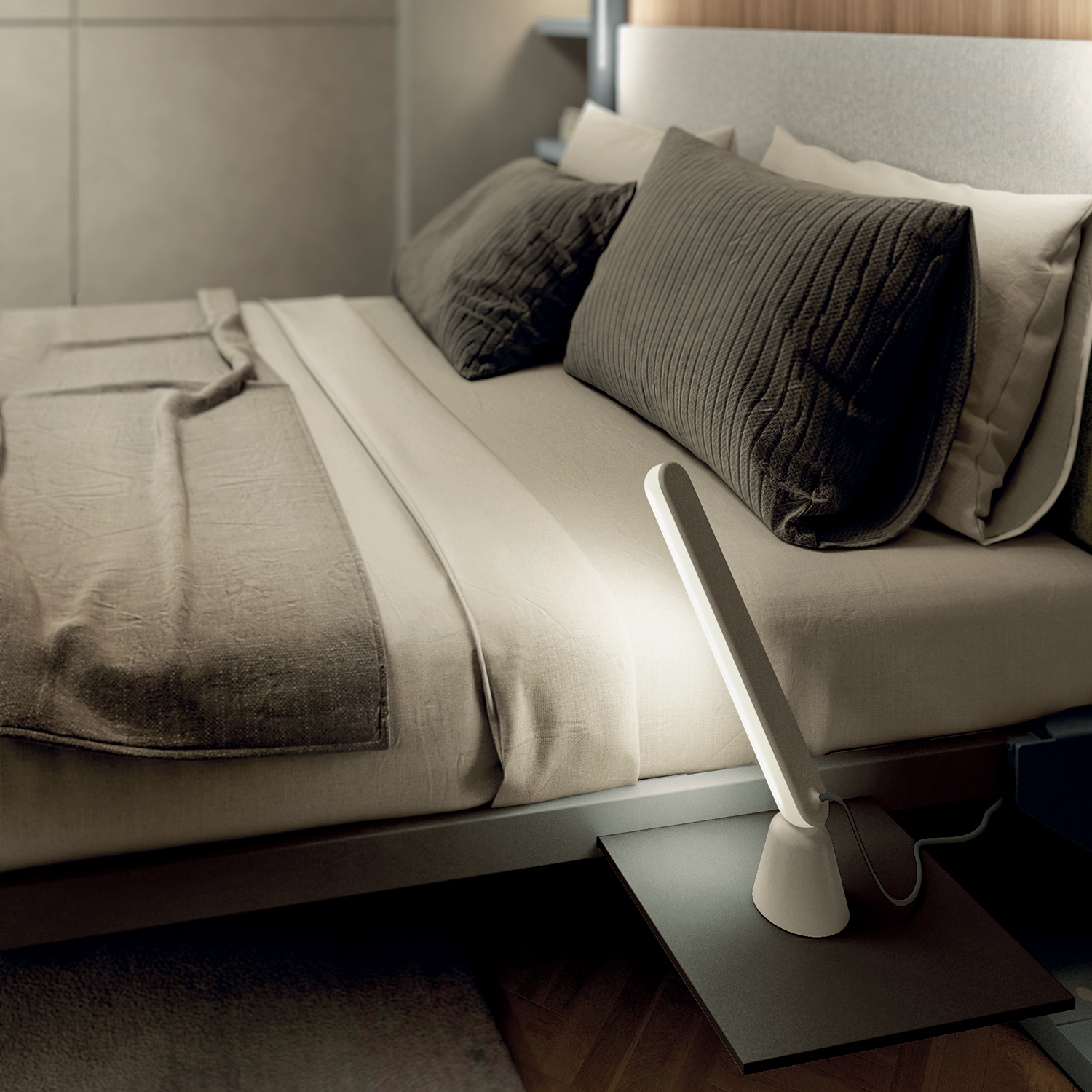 Close-up of the LGM wall bed system with neatly styled bedding and integrated reading light—highlighting luxury detailing and multifunctional bedroom design in a compact setting.