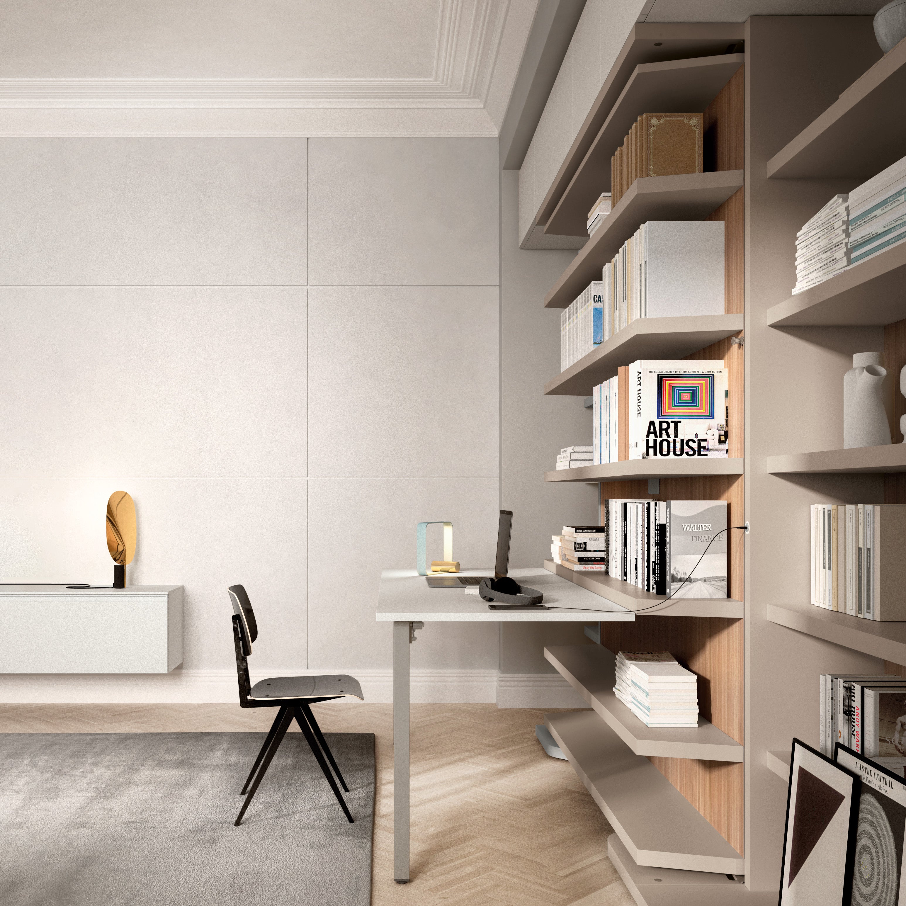 Side view of the LGM rotating wall bed system with integrated desk and bookshelf, highlighting multifunctional workspace design for small, modern interiors.