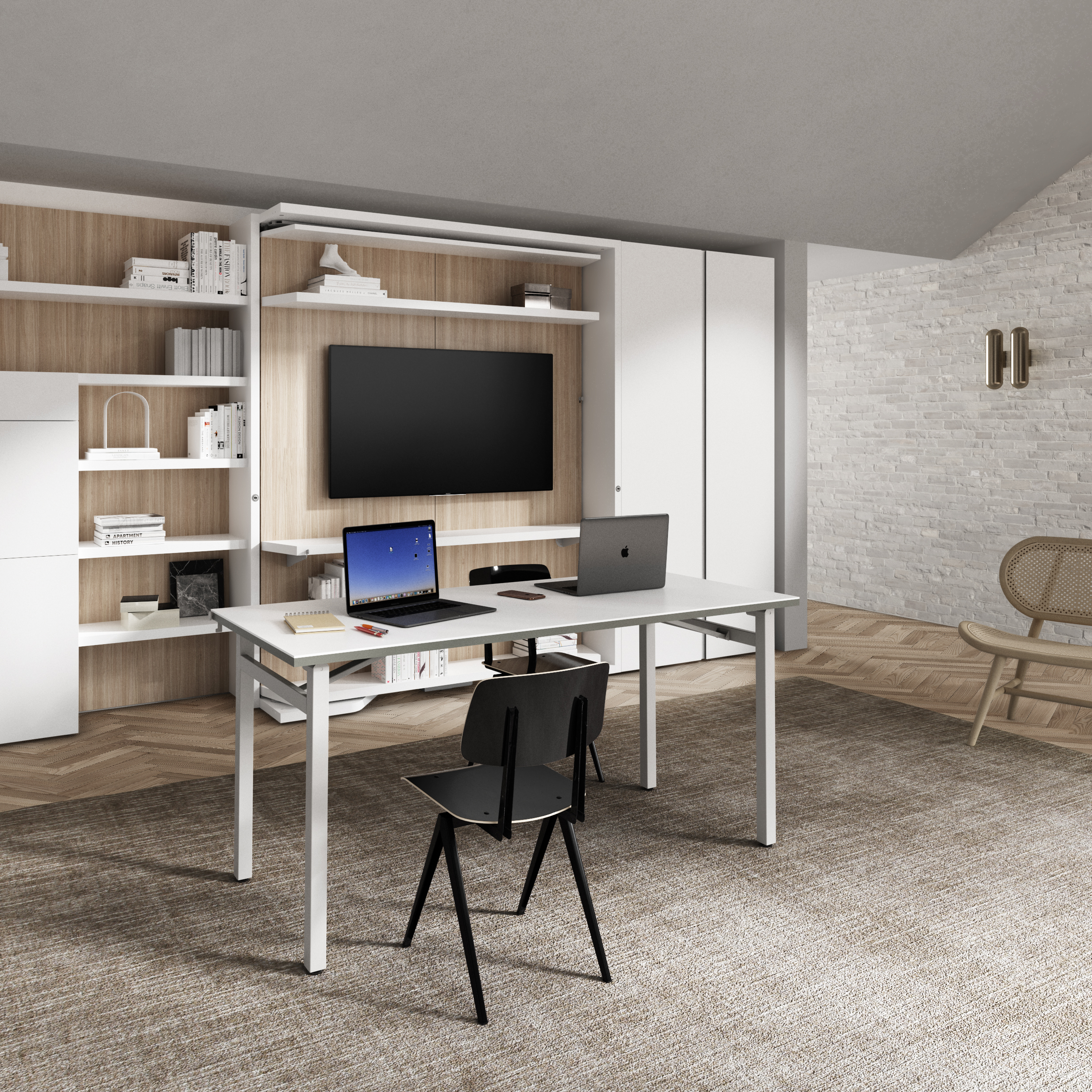 LGM wall bed system in desk configuration with two workstations, built-in shelving, and media center—designed for multifunctional home office use in modern compact interiors.