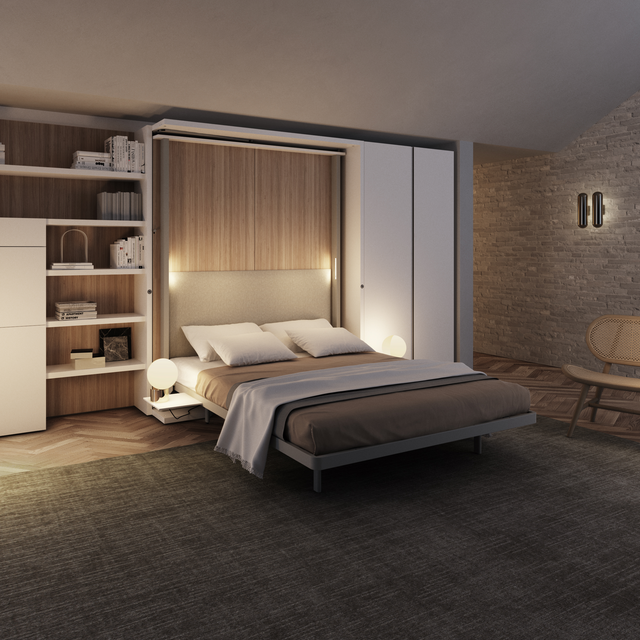 LGM wall bed system in fully open nighttime configuration with ambient lighting and built-in shelving, showcasing luxury multifunctional bedroom design for compact living.