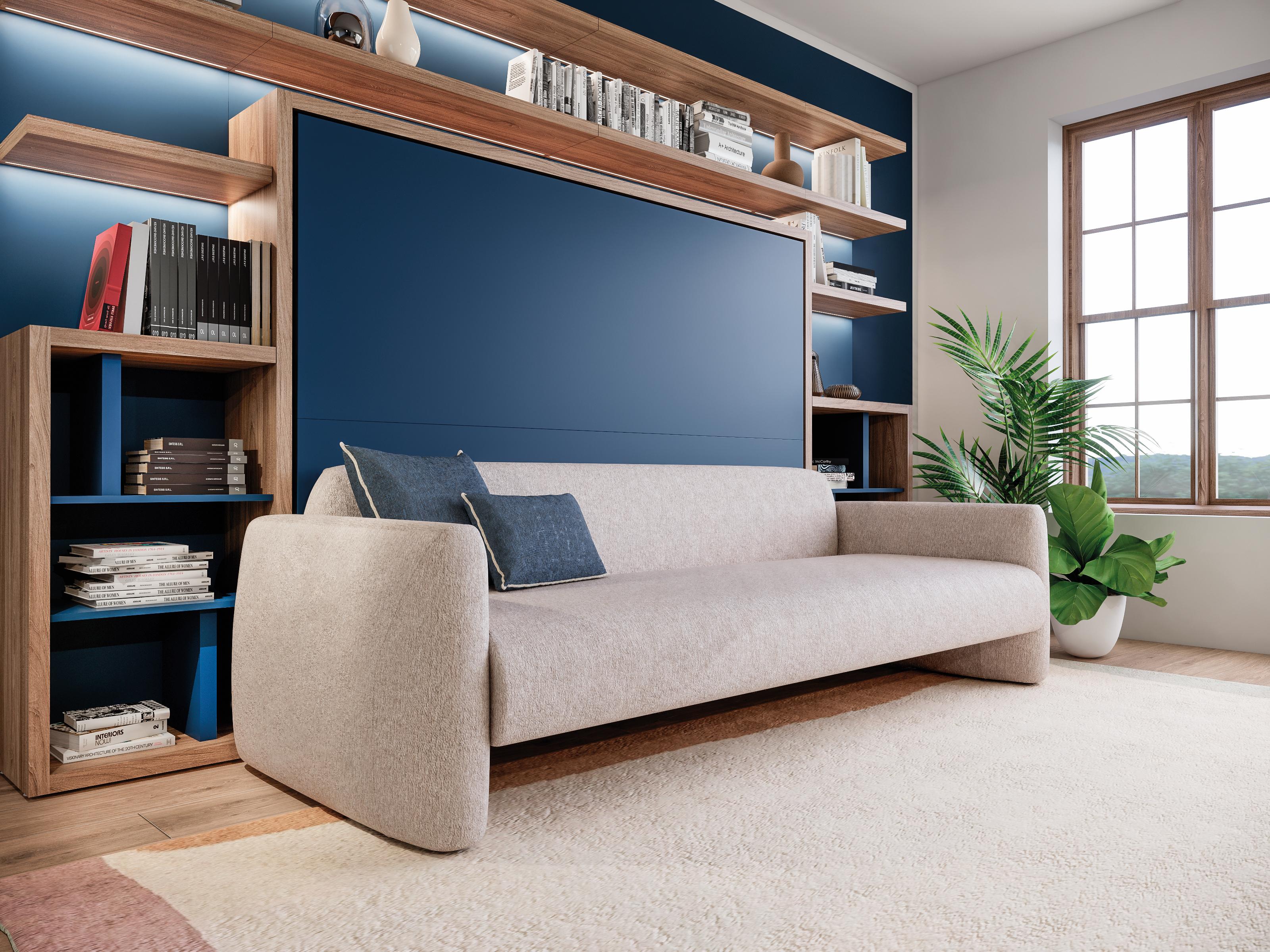 Resource Furniture Minerva horizontal Murphy bed with integrated sofa and walnut shelving — beige upholstered sofa in front of closed navy wall bed; multifunctional, space-saving furniture for small spaces.