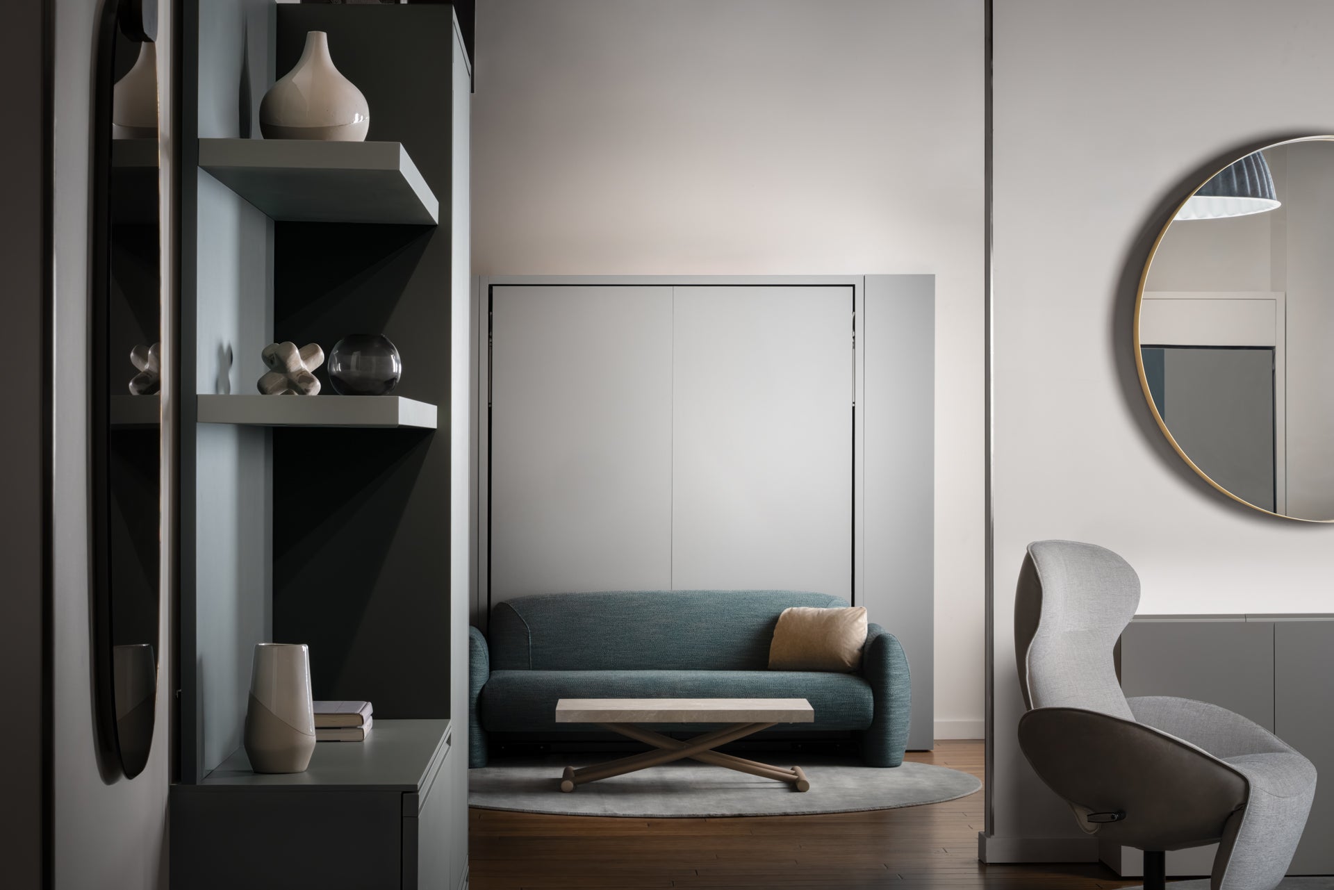 Teal Minerva motorized vertical sofa wall bed folded into the closed position; space-saving furniture, as shown in the Resource Furniture Seattle showroom.