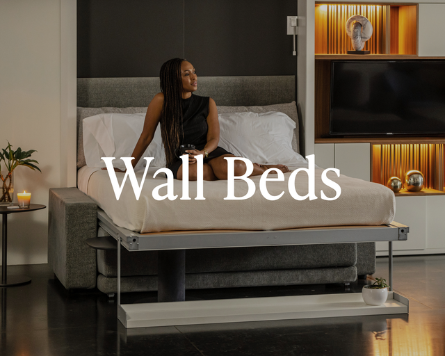Luxury wall bed with upholstered headboard and integrated side cabinetry, designed by Resource Furniture for stylish, space-saving living.
