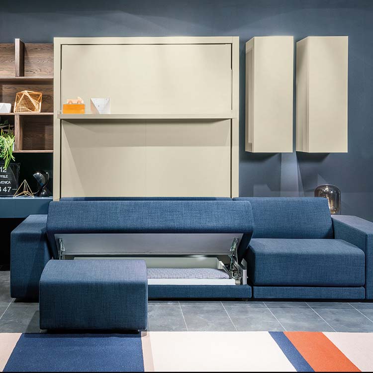 Oslo sectional queen wall bed with blue sofa with hidden storage in modern space saving living room setup.