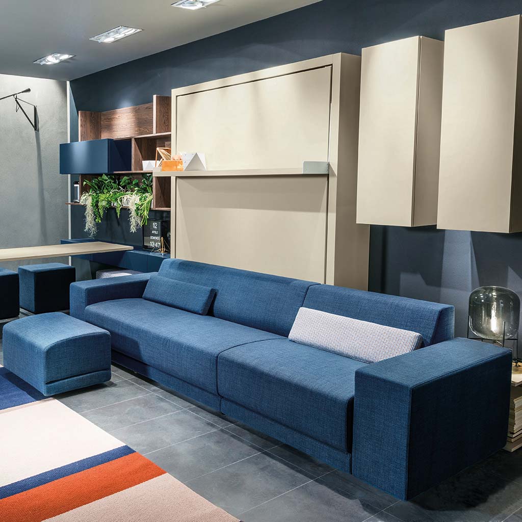 Oslo Sectional Queen Murphy Bed open with sofa — multifunctional space saving furniture with elegant beige upholstery and headboard