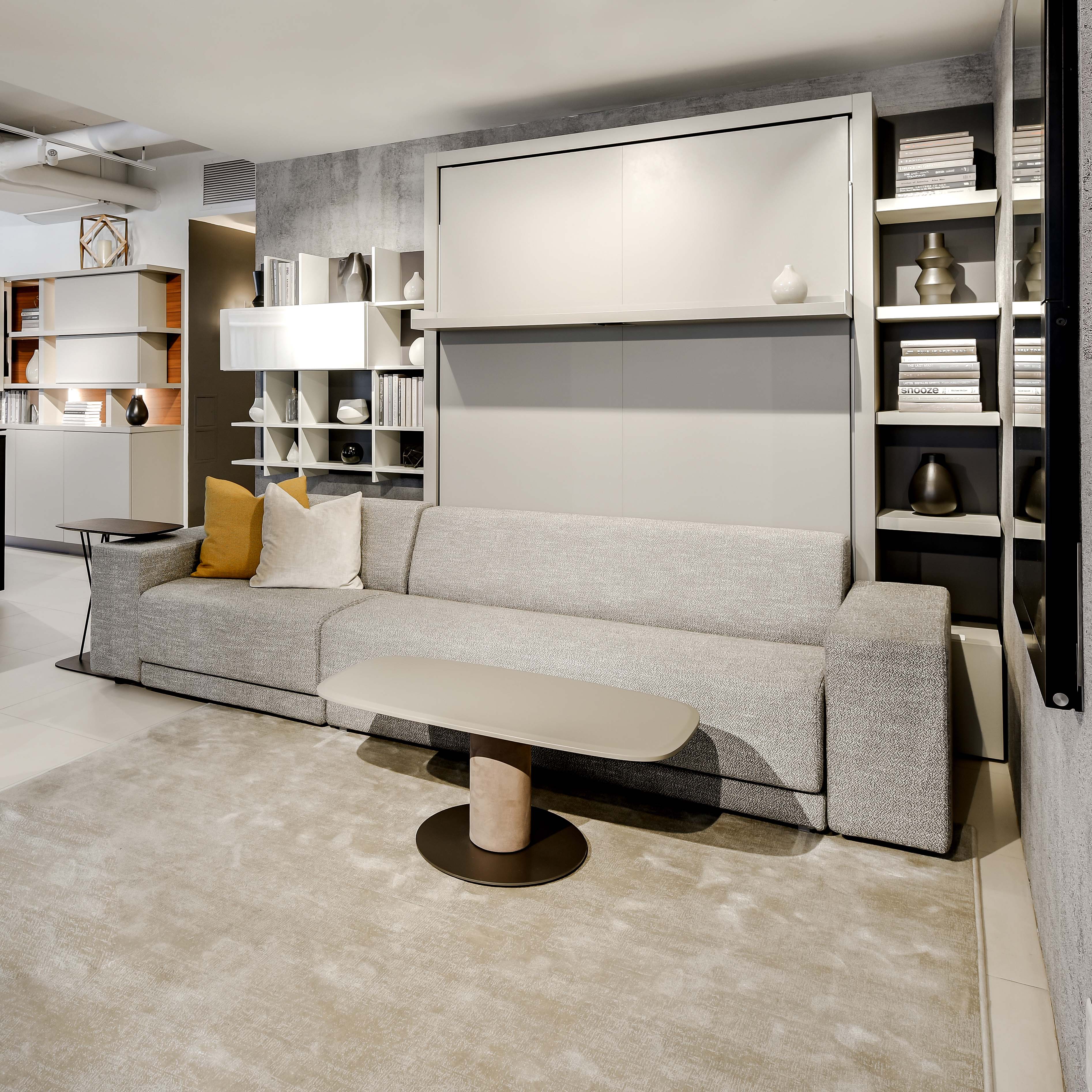 Oslo Sectional Sofa with integrated Murphy bed in the closed position, a stylish space saving furniture solution with queen-size wall bed