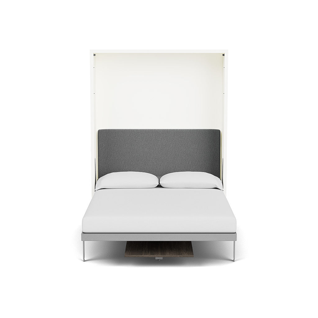 Penelope Dining Queen Murphy bed with open wall bed and grey upholstered headboard, perfect for small space living