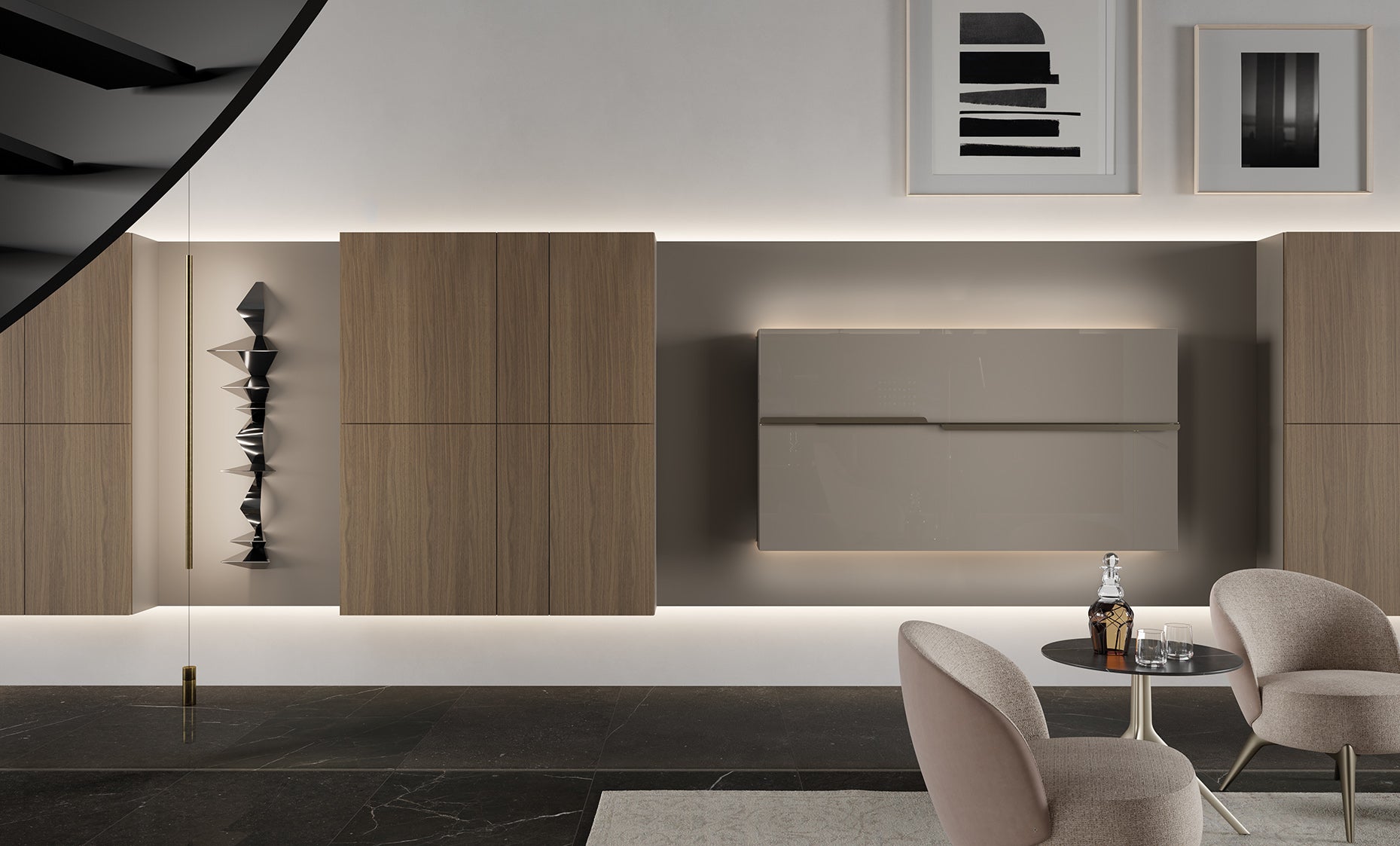 Maxi Bar closed as a sleek wall-mounted cabinet integrated into a modern living room storage system.