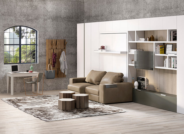 Modern living room with white wall-mounted Murphy bed, brown two-seat Tango Sofa, built-in shelving, and compact home office setup.