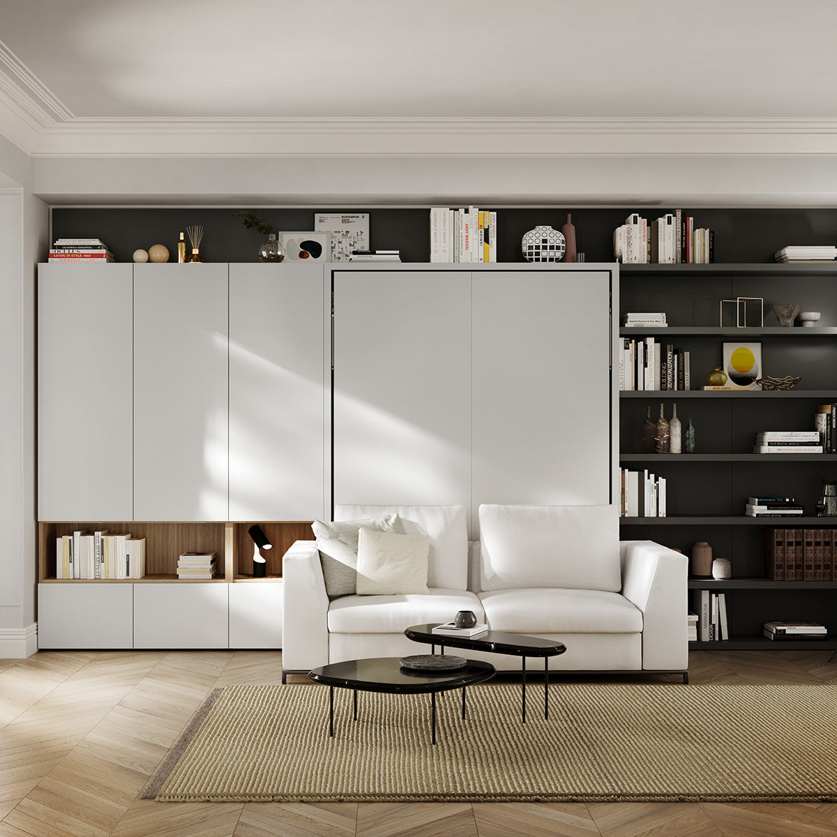 Tonale Sofa Murphy Bed closed with white couch in multifunctional modern space saving furniture wall unit
