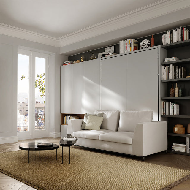 Tonale Sofa Murphy bed combo in a contemporary living room with built-in shelving, neutral decor, and space-saving functionality.
