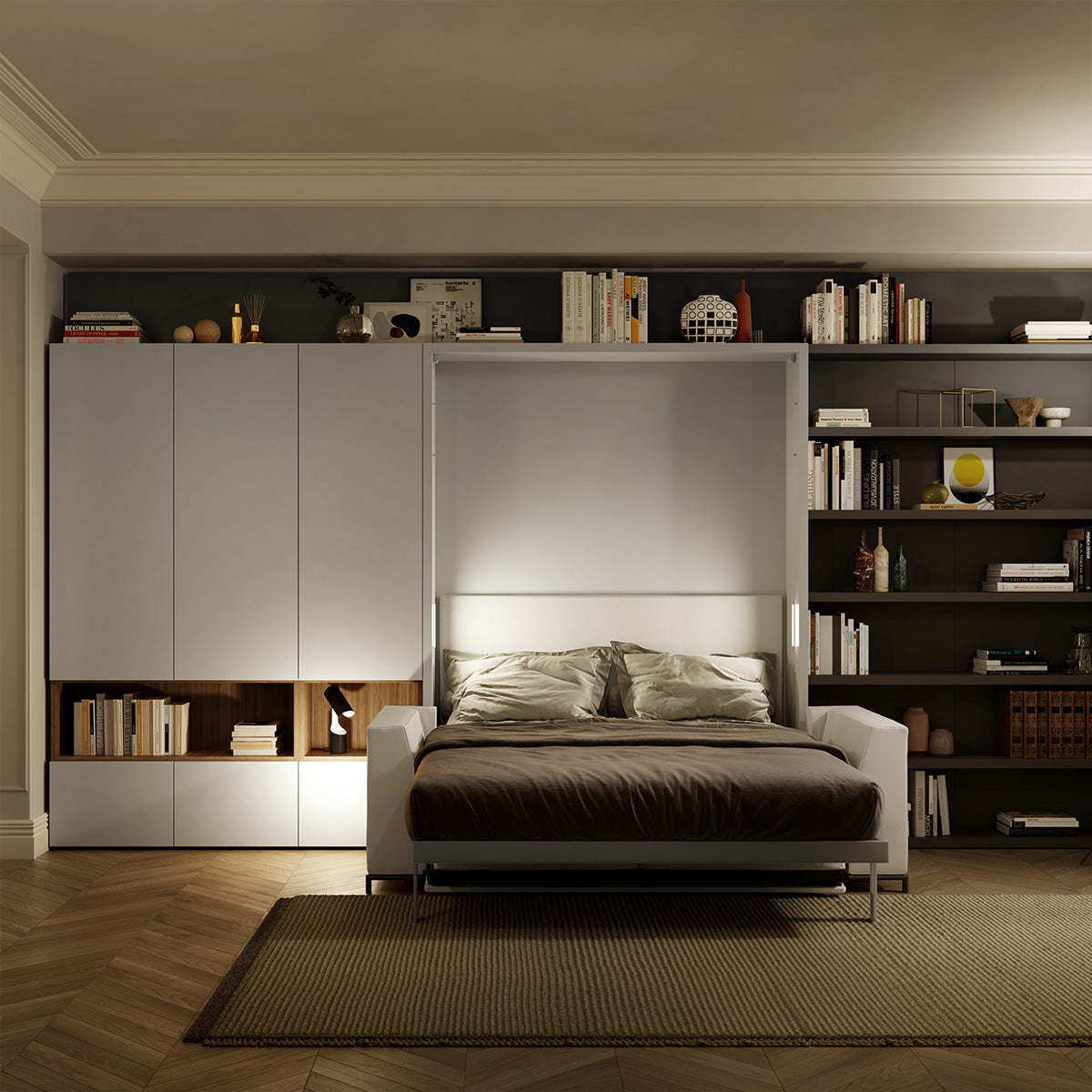 Tonale Sofa Murphy Bed open with queen-size bed extended in a dark modern room with built-in storage and ambient lighting