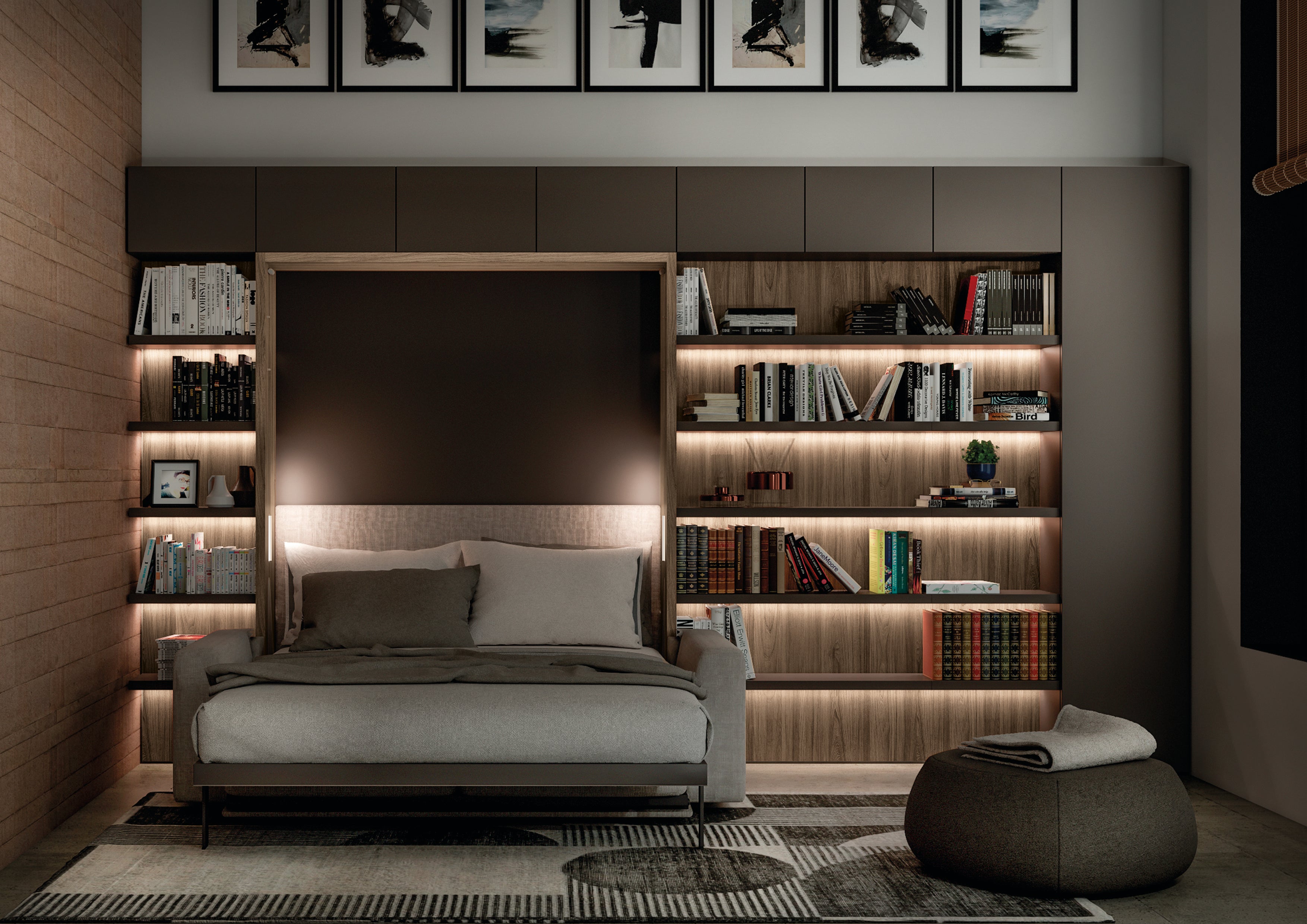 Tonale Sofa by Resource Furniture — light gray sofa paired with a lowered Murphy wall bed and built-in illuminated bookshelves in a compact bedroom-living space; multifunctional, space-saving furniture ideal for small-space living.