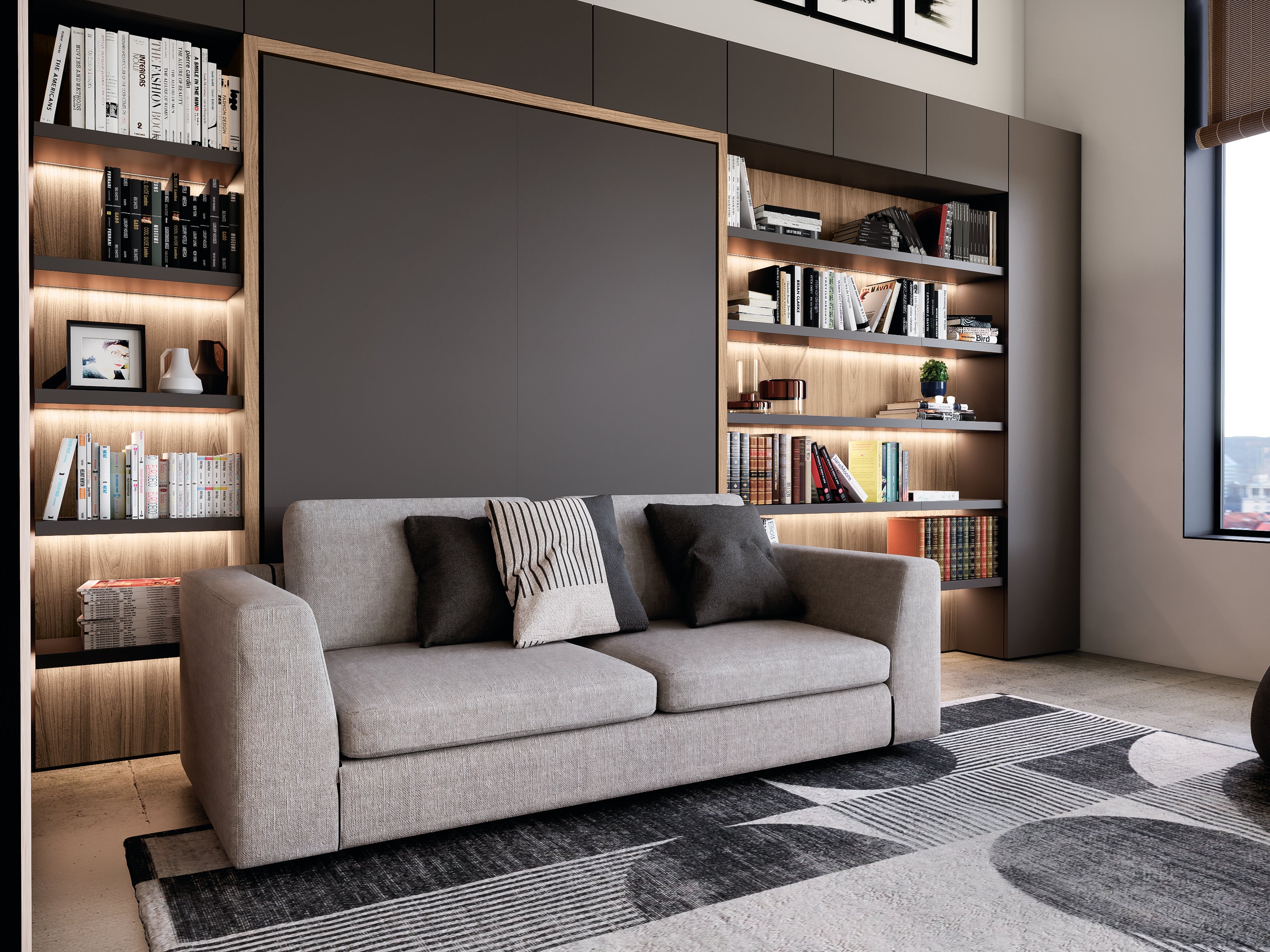 Tonale Sofa by Resource Furniture — light gray modern sofa in a compact living room with built-in bookshelves; small space furniture and contemporary seating.